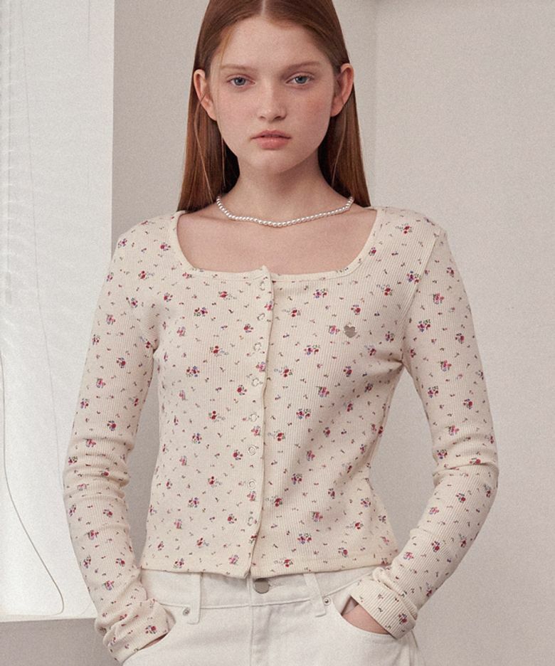 RONRON SQUARE FLORAL SNAP WAFFLE CARDIGAN