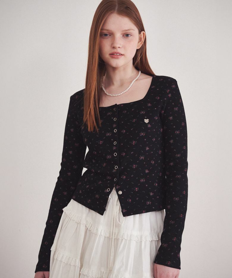 RONRON SQUARE FLORAL SNAP WAFFLE CARDIGAN