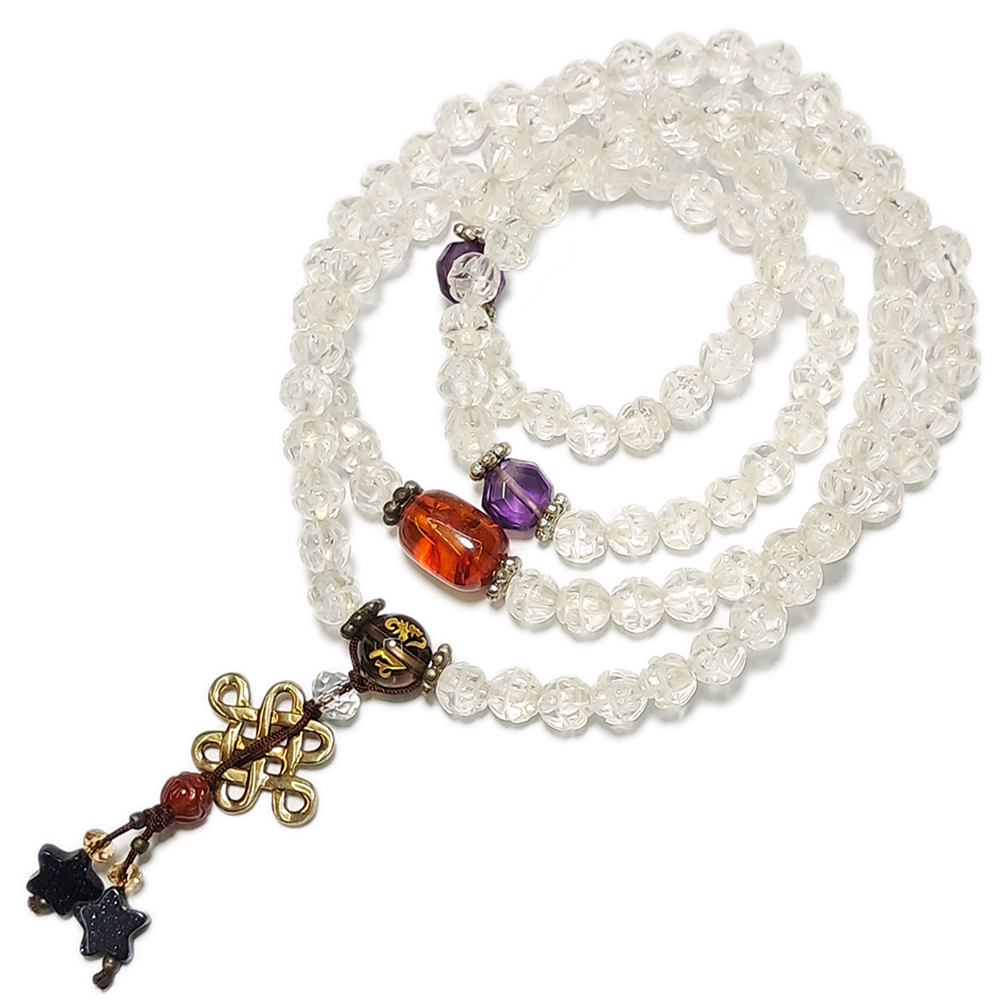 金絲琥珀&吉祥結&水晶蓮花108念珠6mm【十方】123827