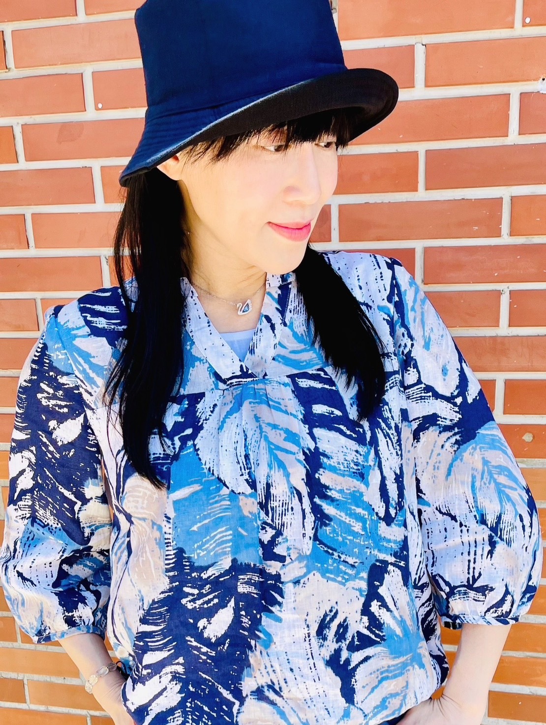 韓版時尚優雅印花領口假兩件設計七分袖修身上衣U6212