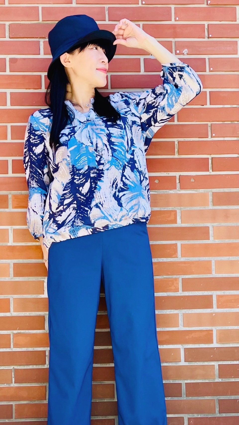 韓版時尚優雅印花領口假兩件設計七分袖修身上衣U6212