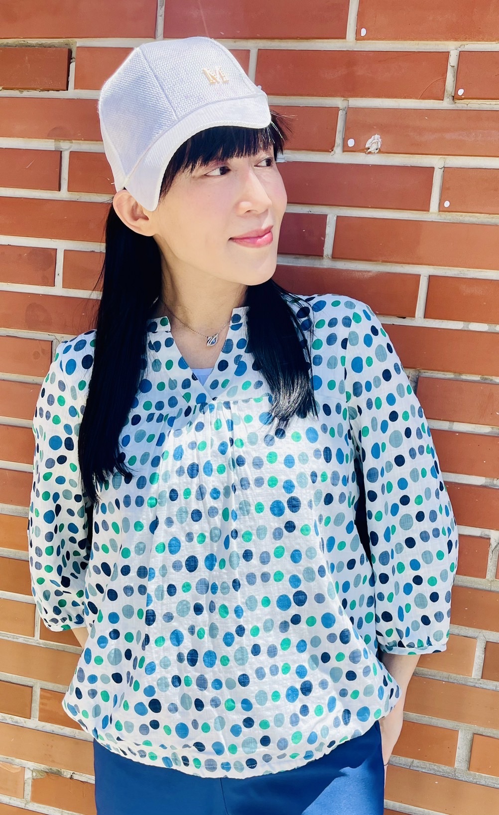 韓版可愛波點印花領口假兩件設計七分袖修身上衣U6213