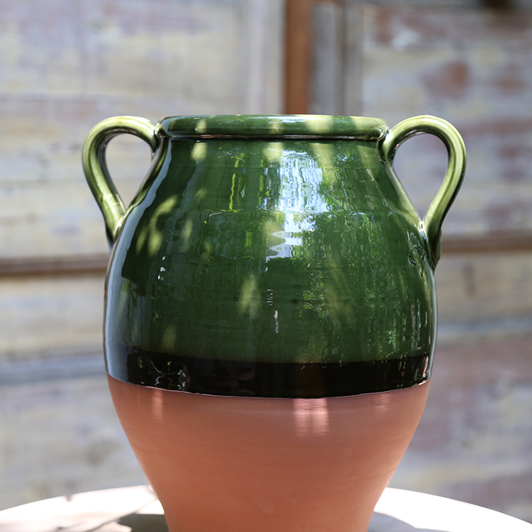 南蛮 陶甄 茶盌 共箱 普羅旺斯傳統雙耳陶甕31.5cm-森林綠