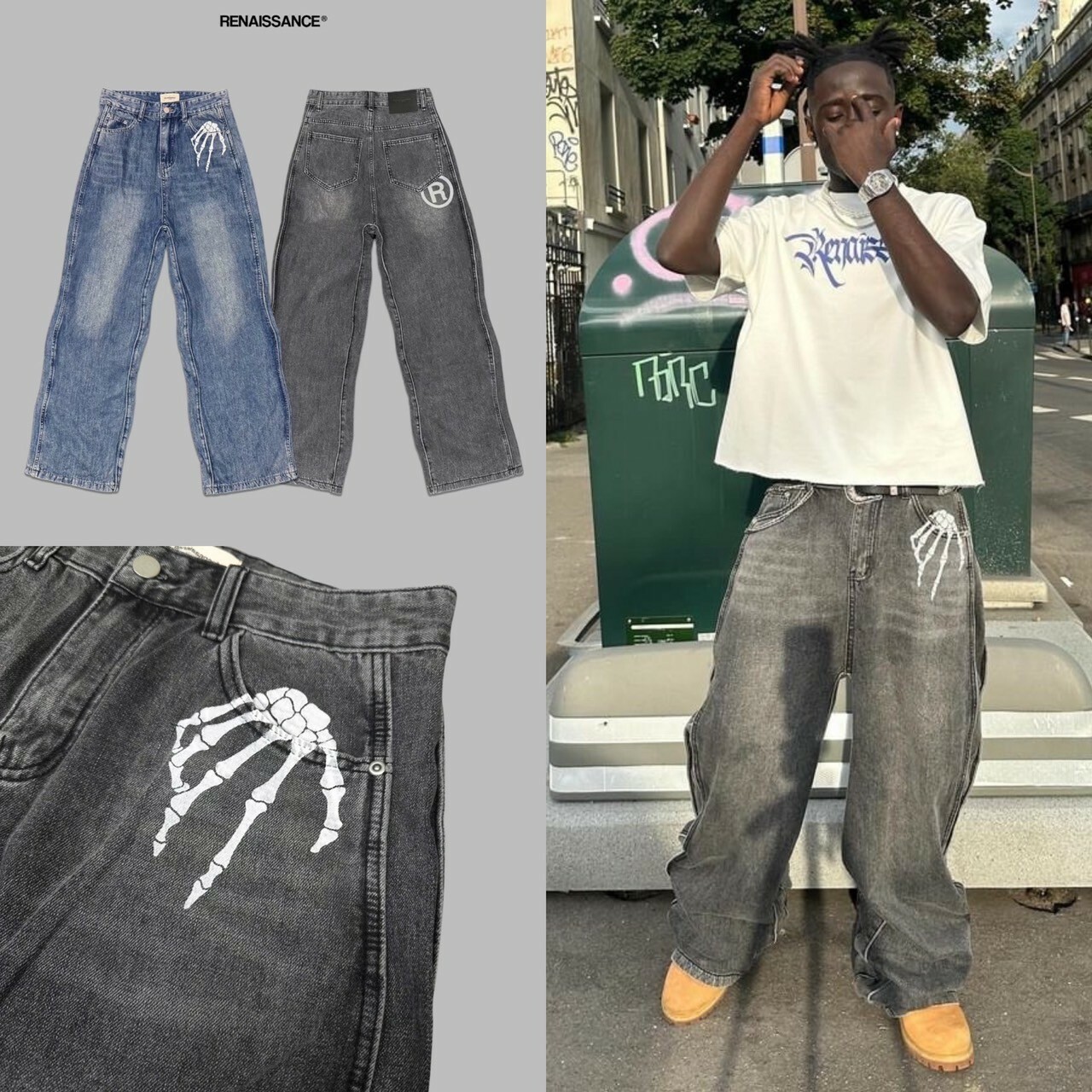 RENAISSANCE 骷髏 鬼手 圓R波浪解構闊腿牛仔褲 單寧 寬褲 落地 ‘’ Wavy Print BAGGY Jeans ‘’