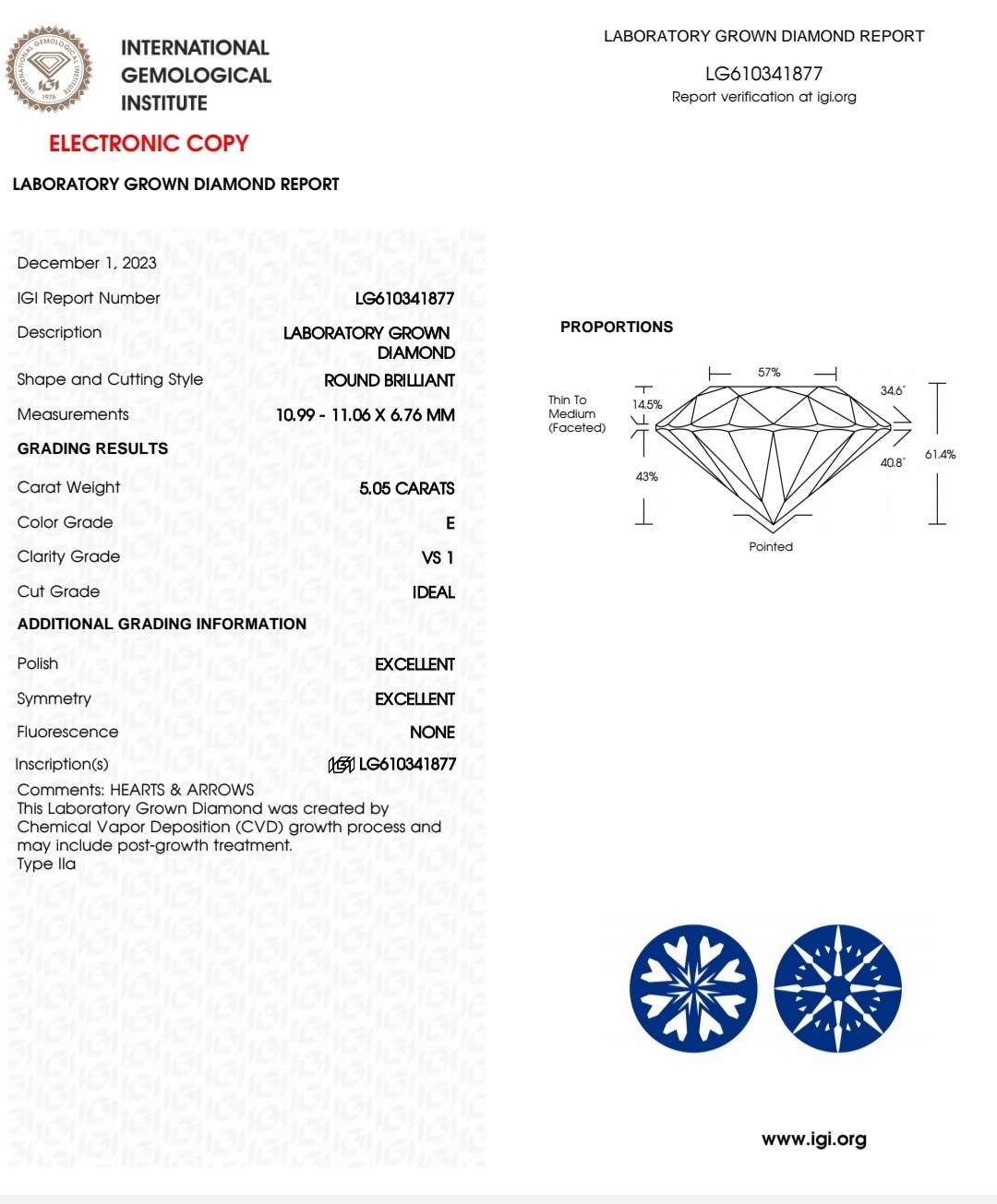 IGI LAB GROWN DIAMOND 5.05 E VS1 IDEAL 2EX NON