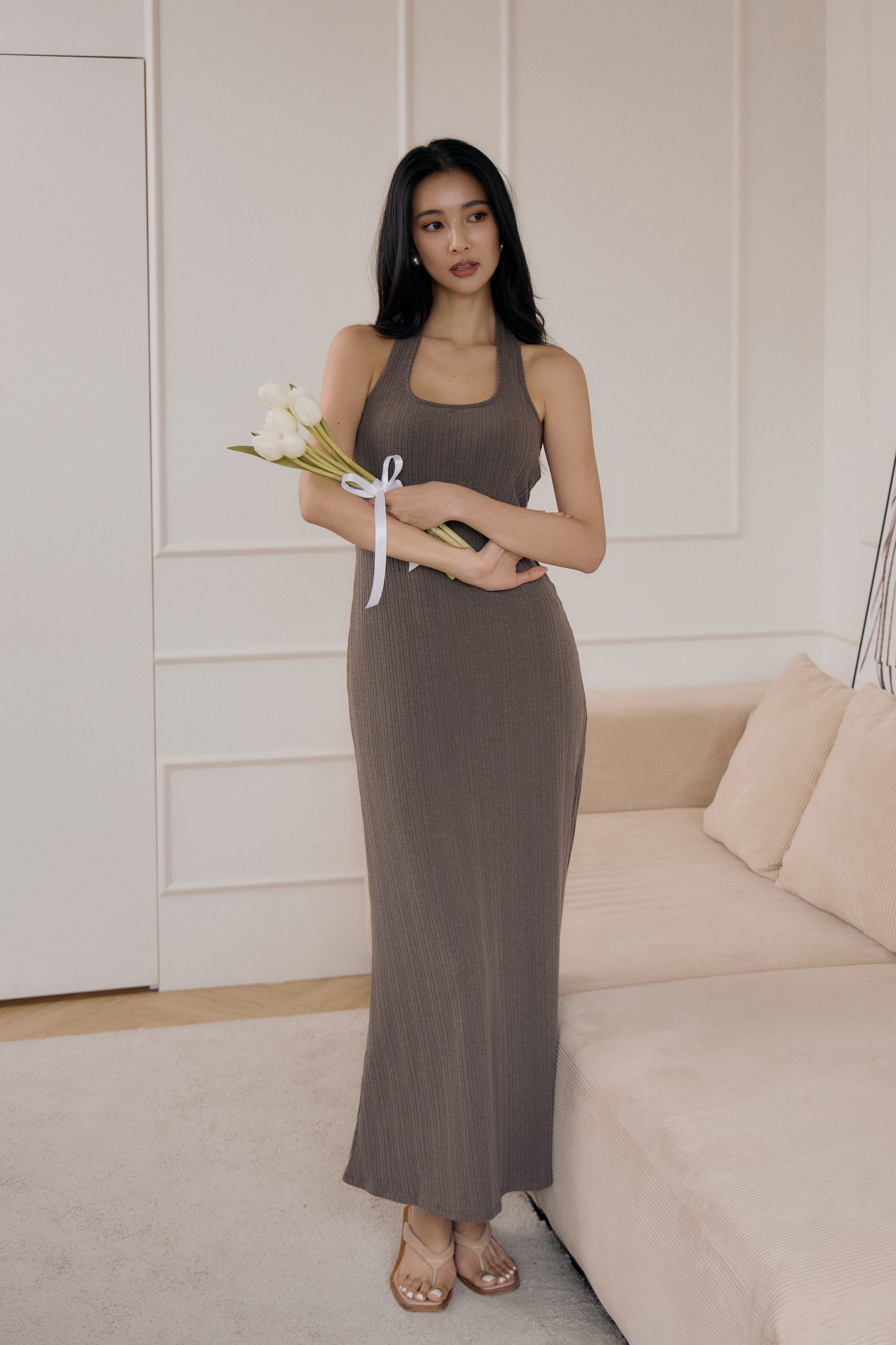 繞頸BRA TOP挖背長洋- 咖啡