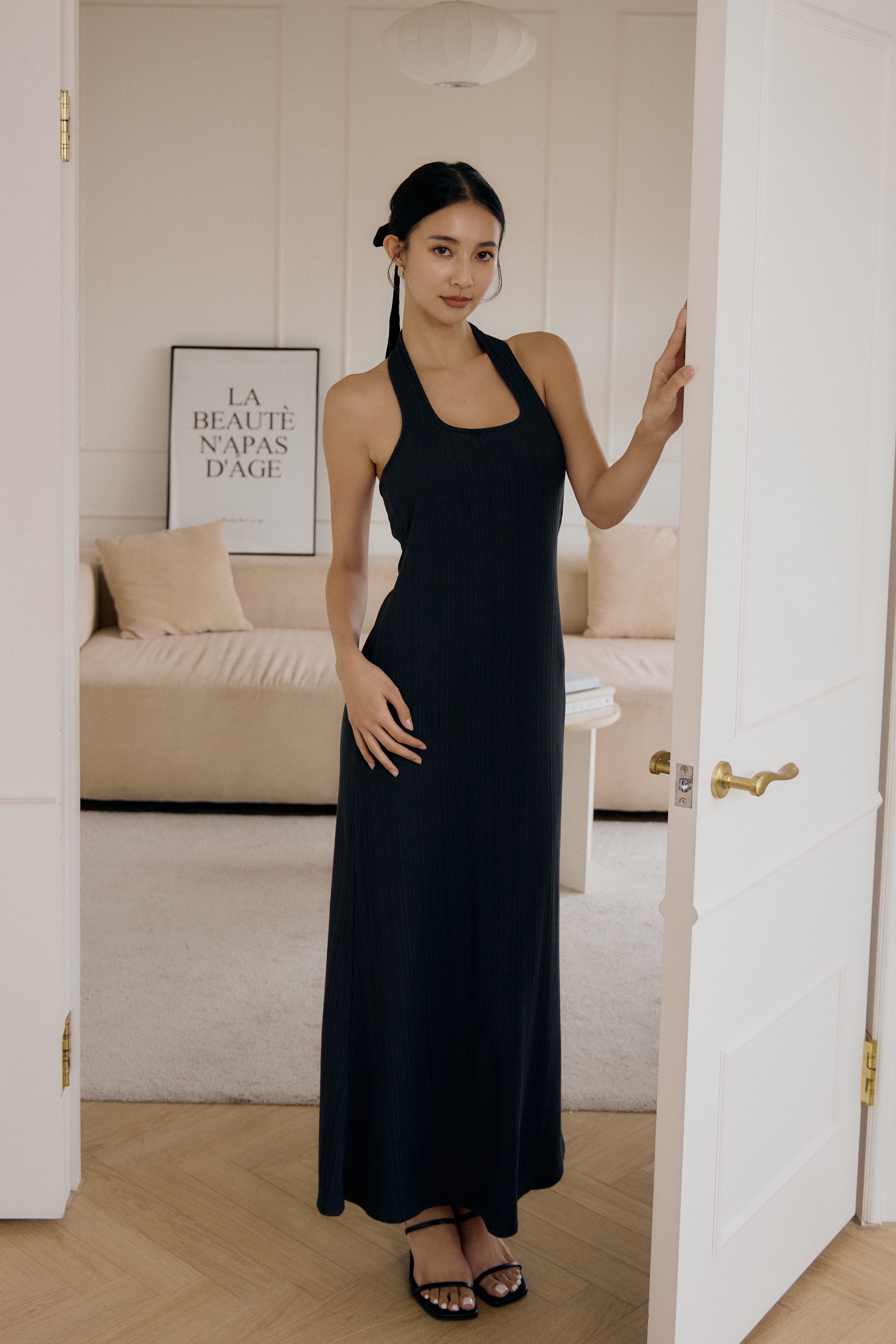 繞頸BRA TOP挖背長洋- 麻花黑