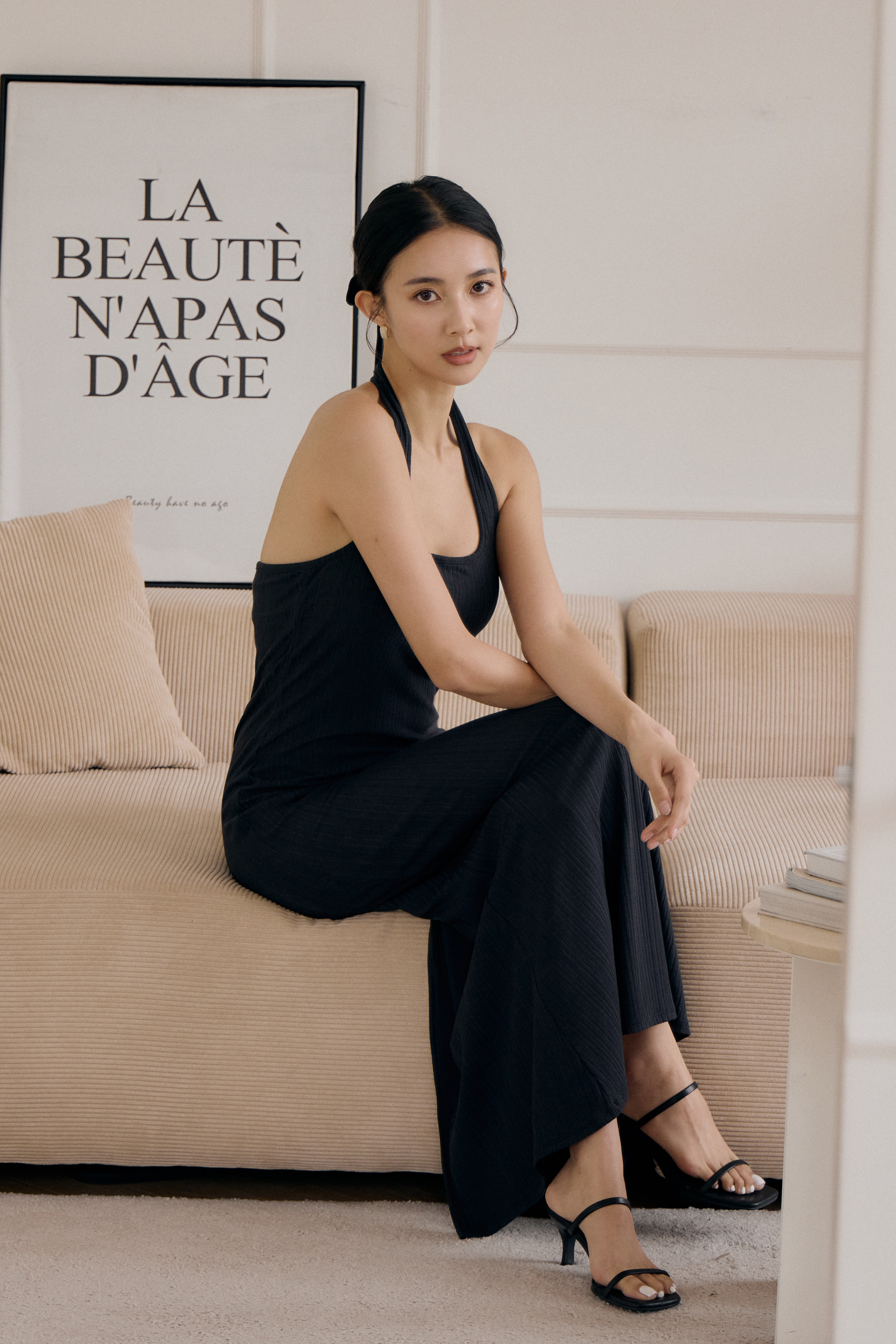 繞頸BRA TOP挖背長洋- 麻花黑