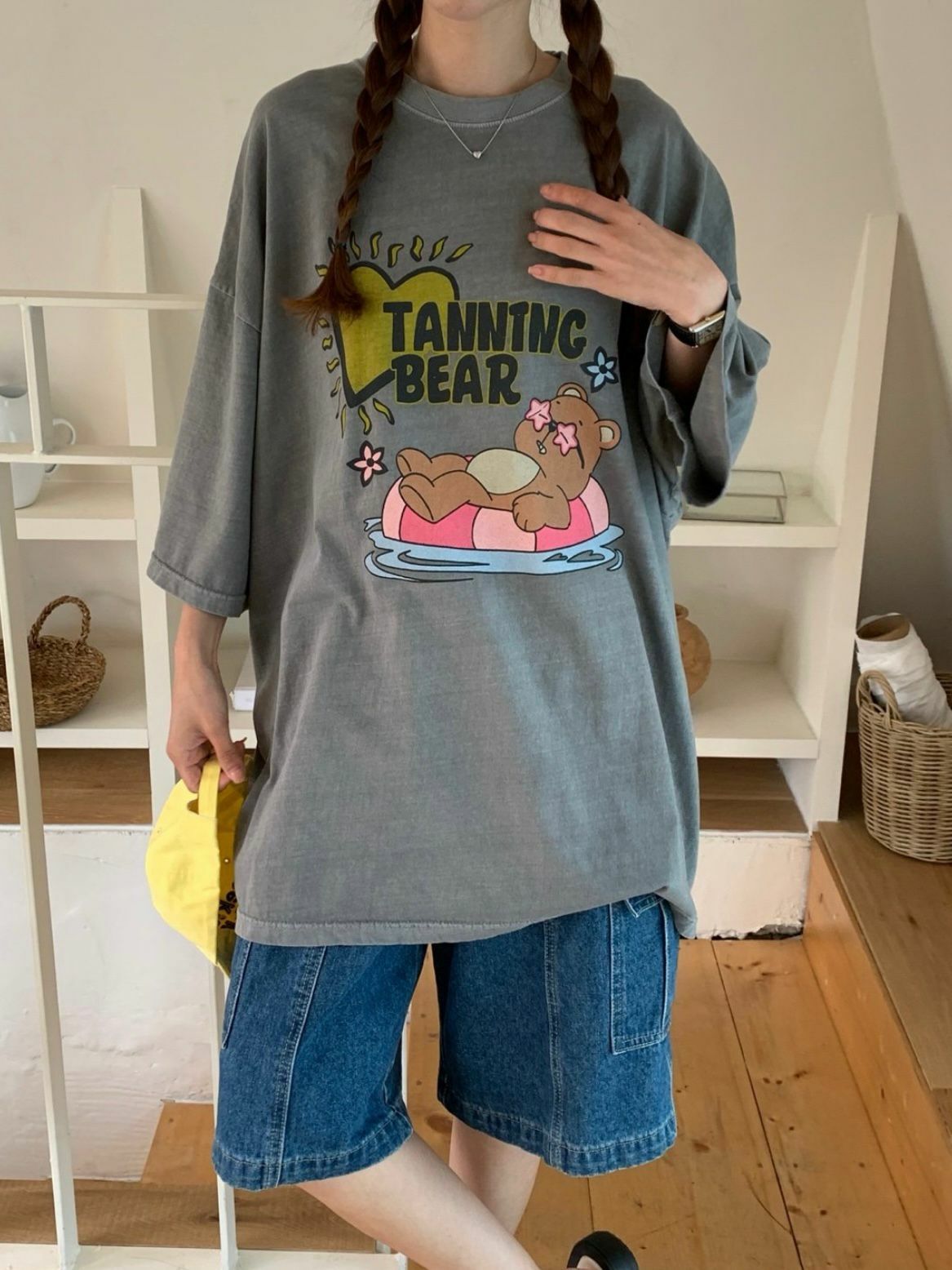 OverSize洗水熊仔圖案英文字短袖Tee T5562