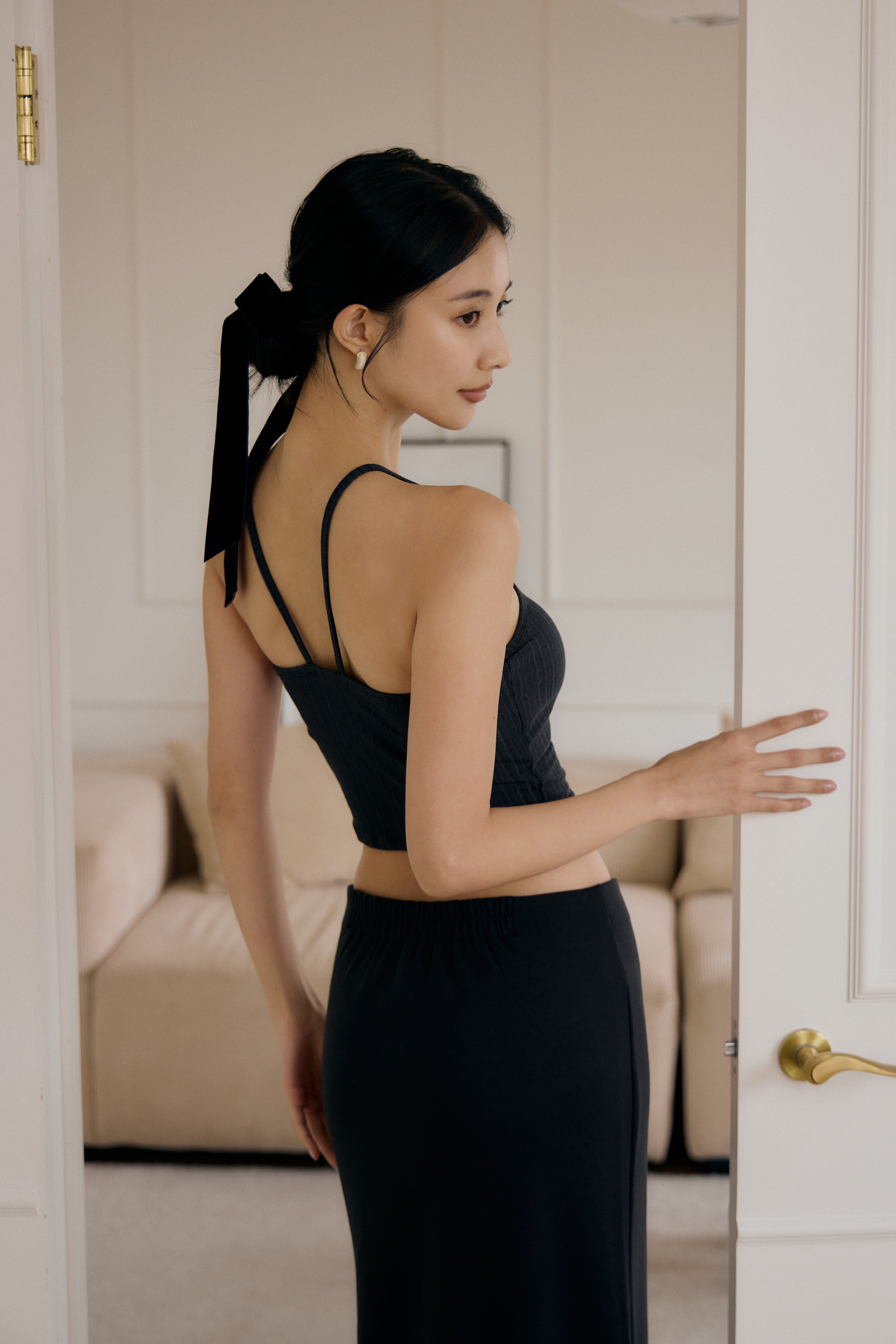 法式削肩BRA TOP背心- 麻花黑