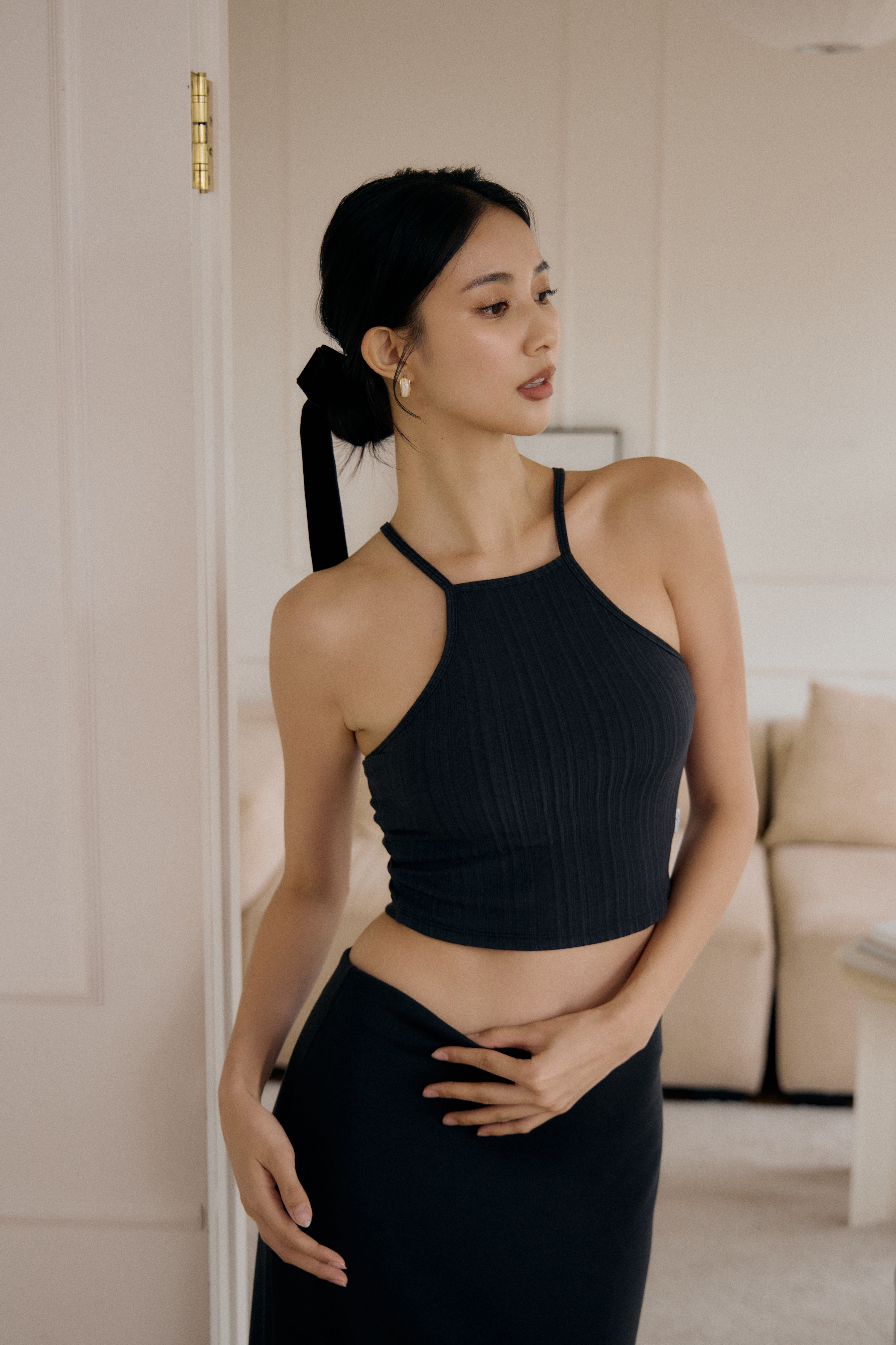 法式削肩BRA TOP背心- 麻花黑