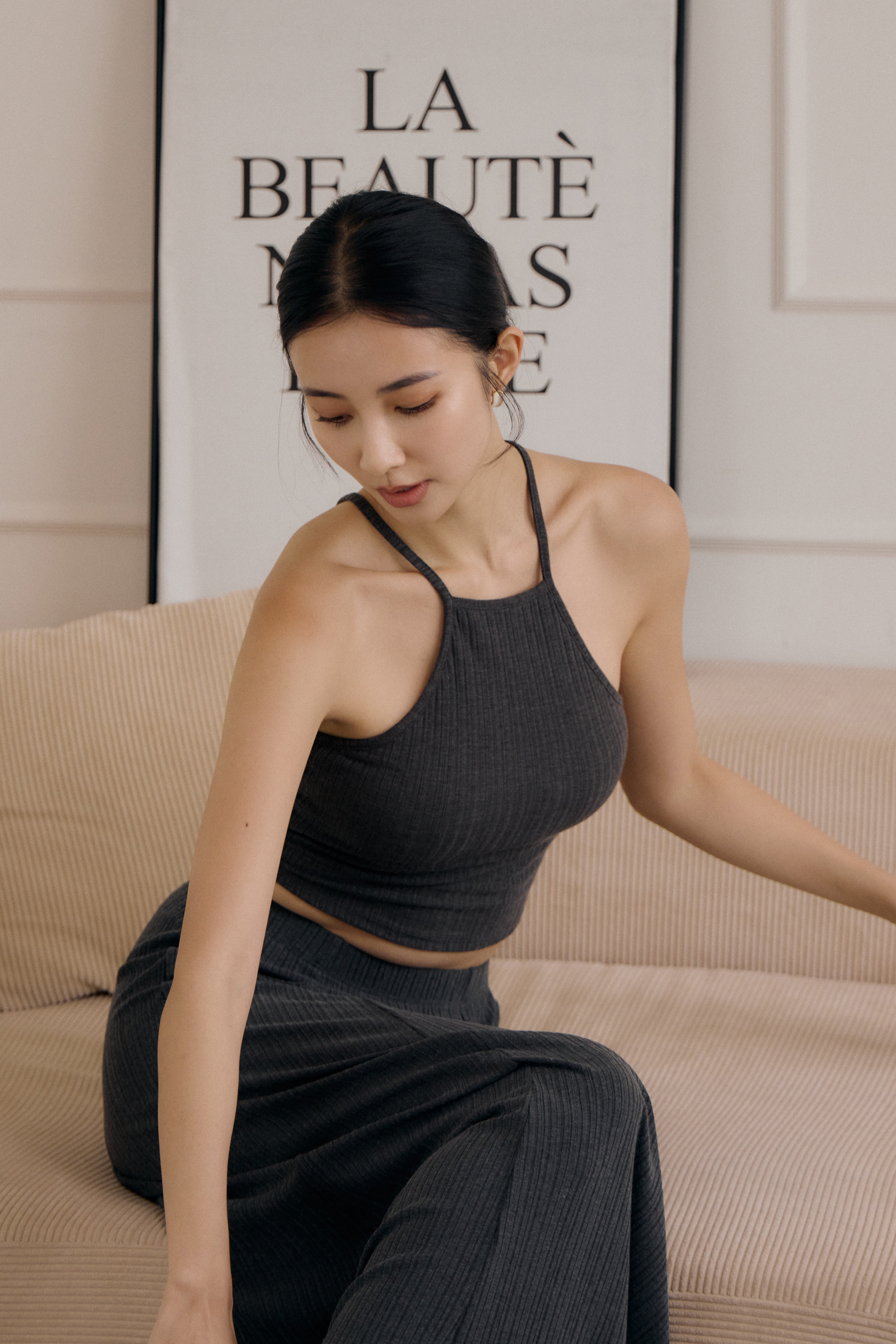 法式削肩BRA TOP背心- 深灰