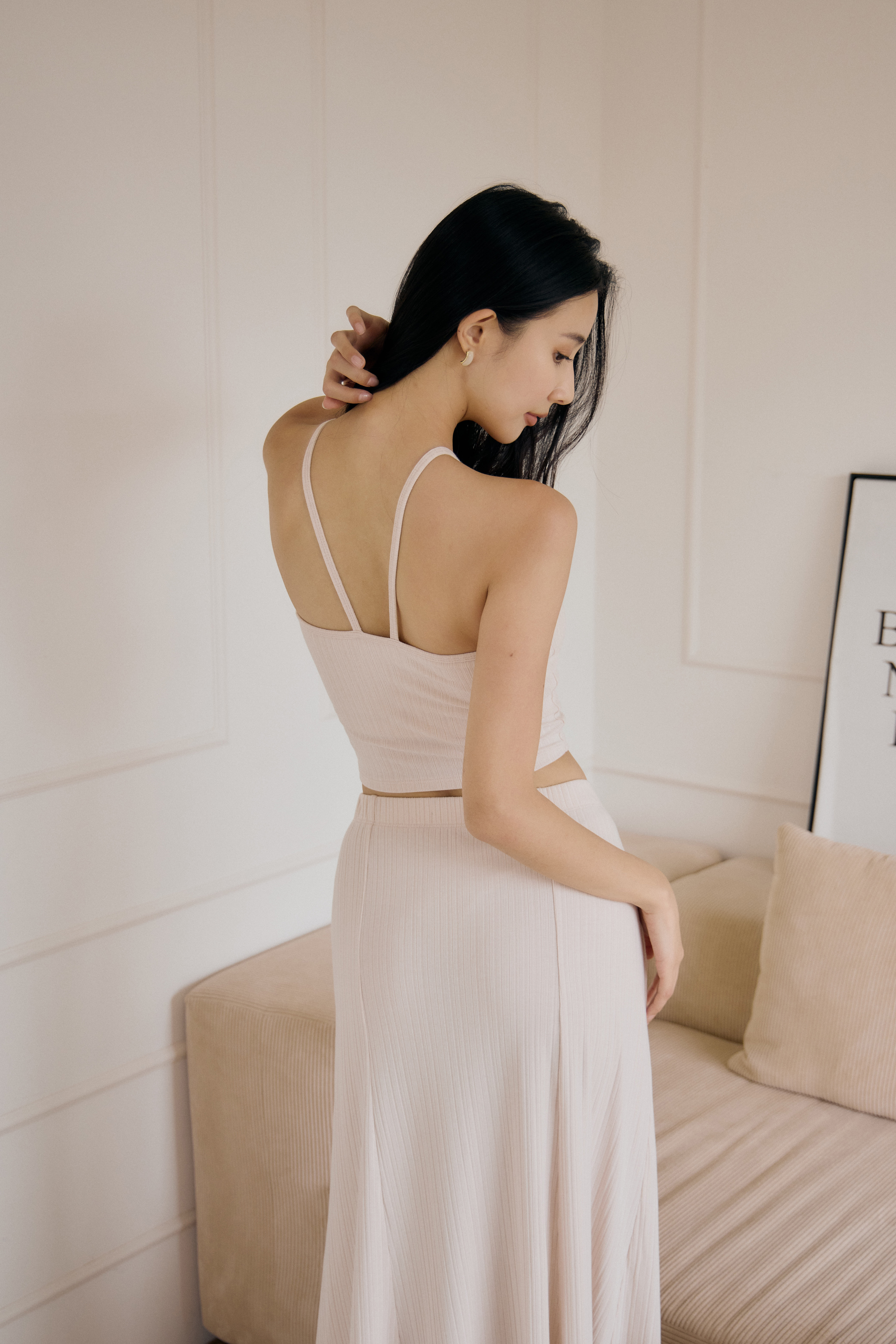 法式削肩BRA TOP背心- 淺米