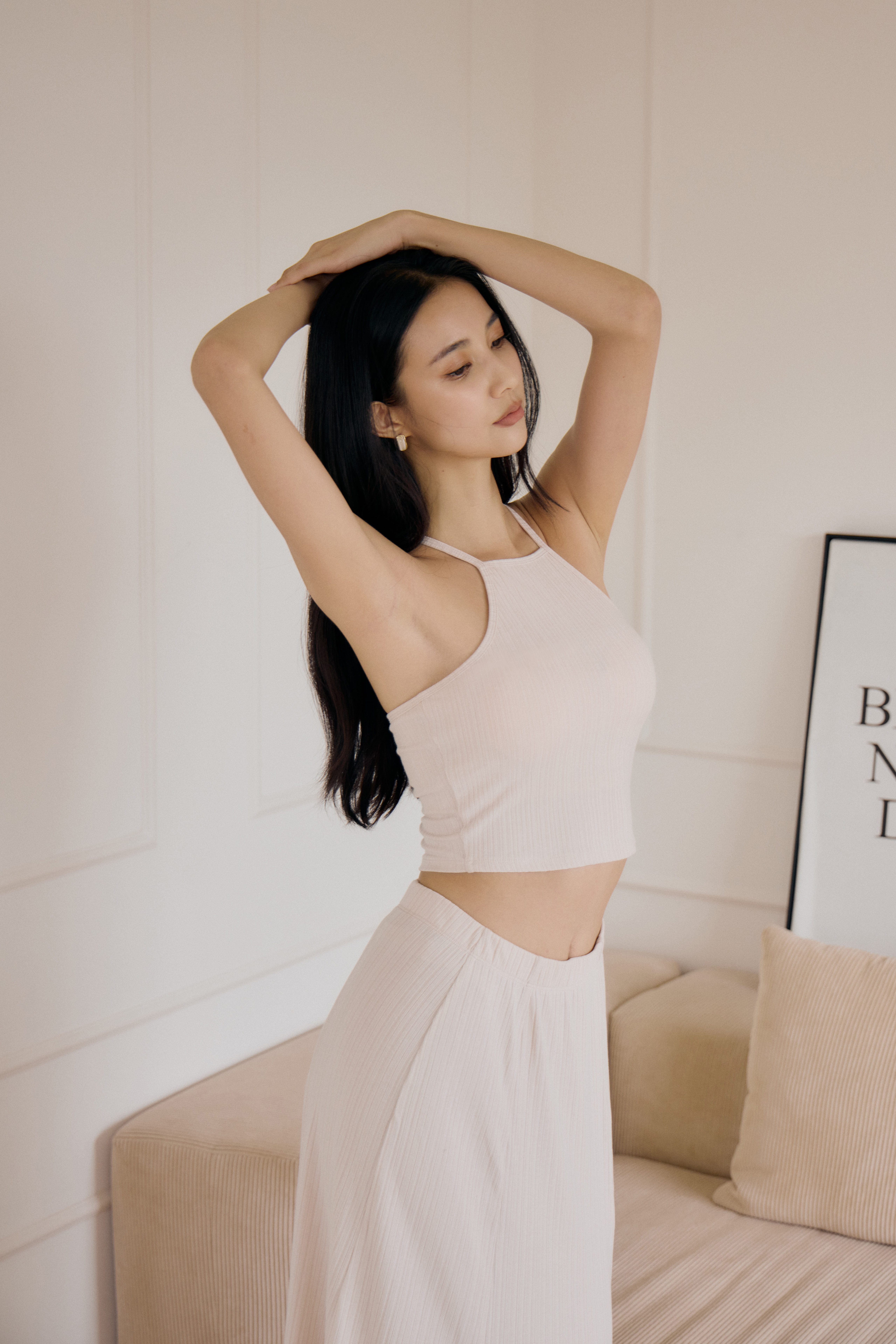 法式削肩BRA TOP背心- 淺米