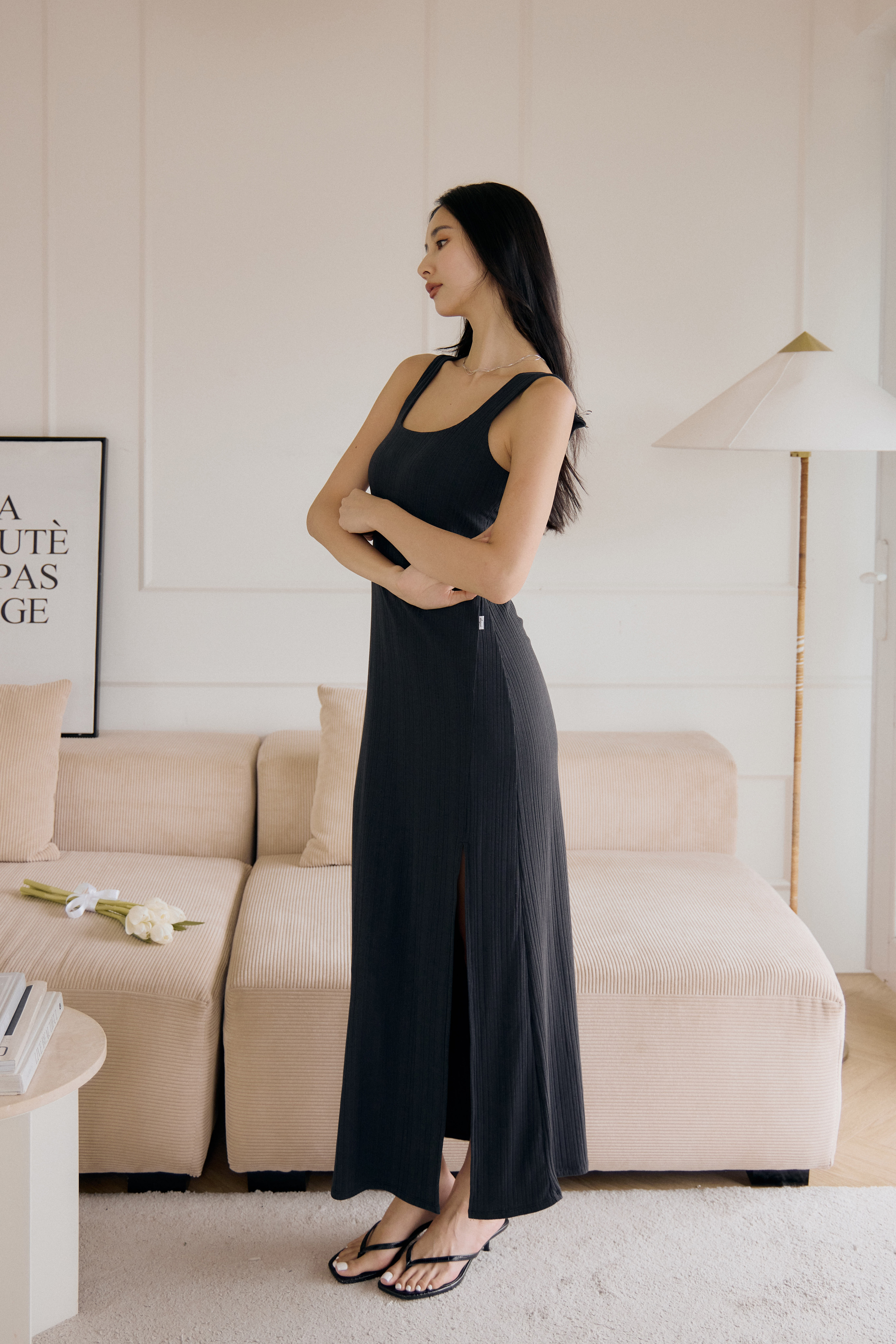 方領前開岔BRA TOP長洋- 麻花黑