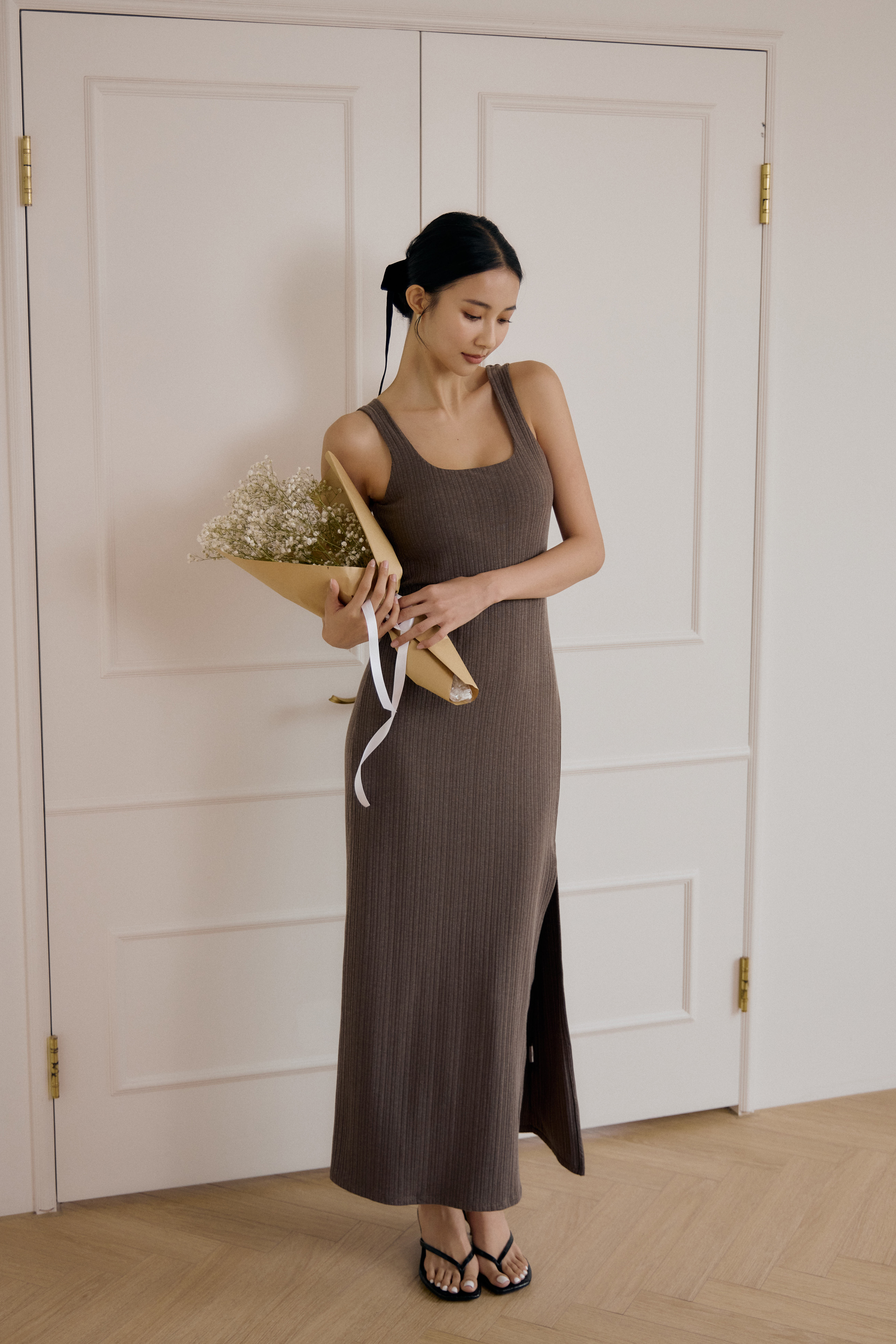 方領前開岔BRA TOP長洋- 咖啡