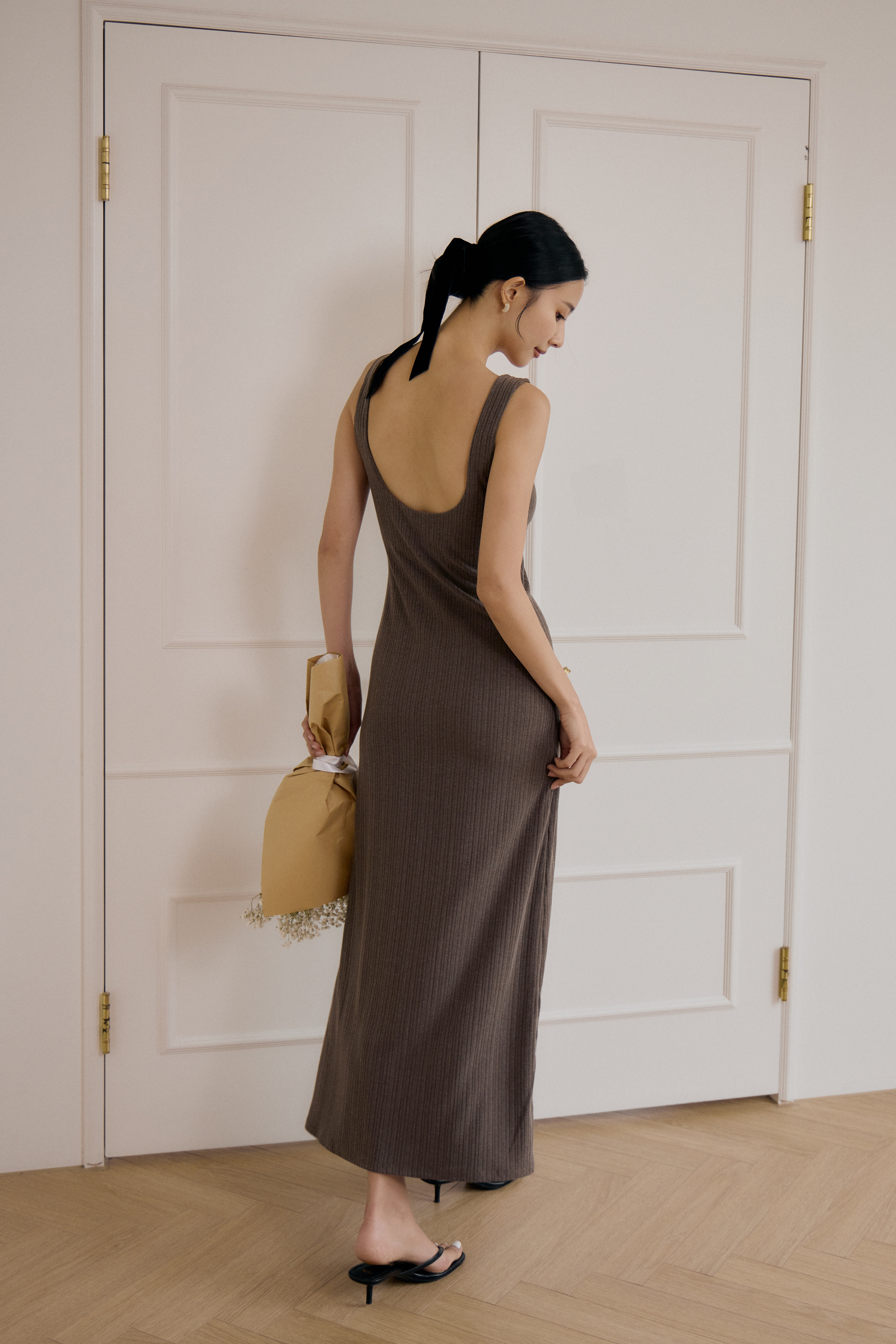 方領前開岔BRA TOP長洋- 咖啡