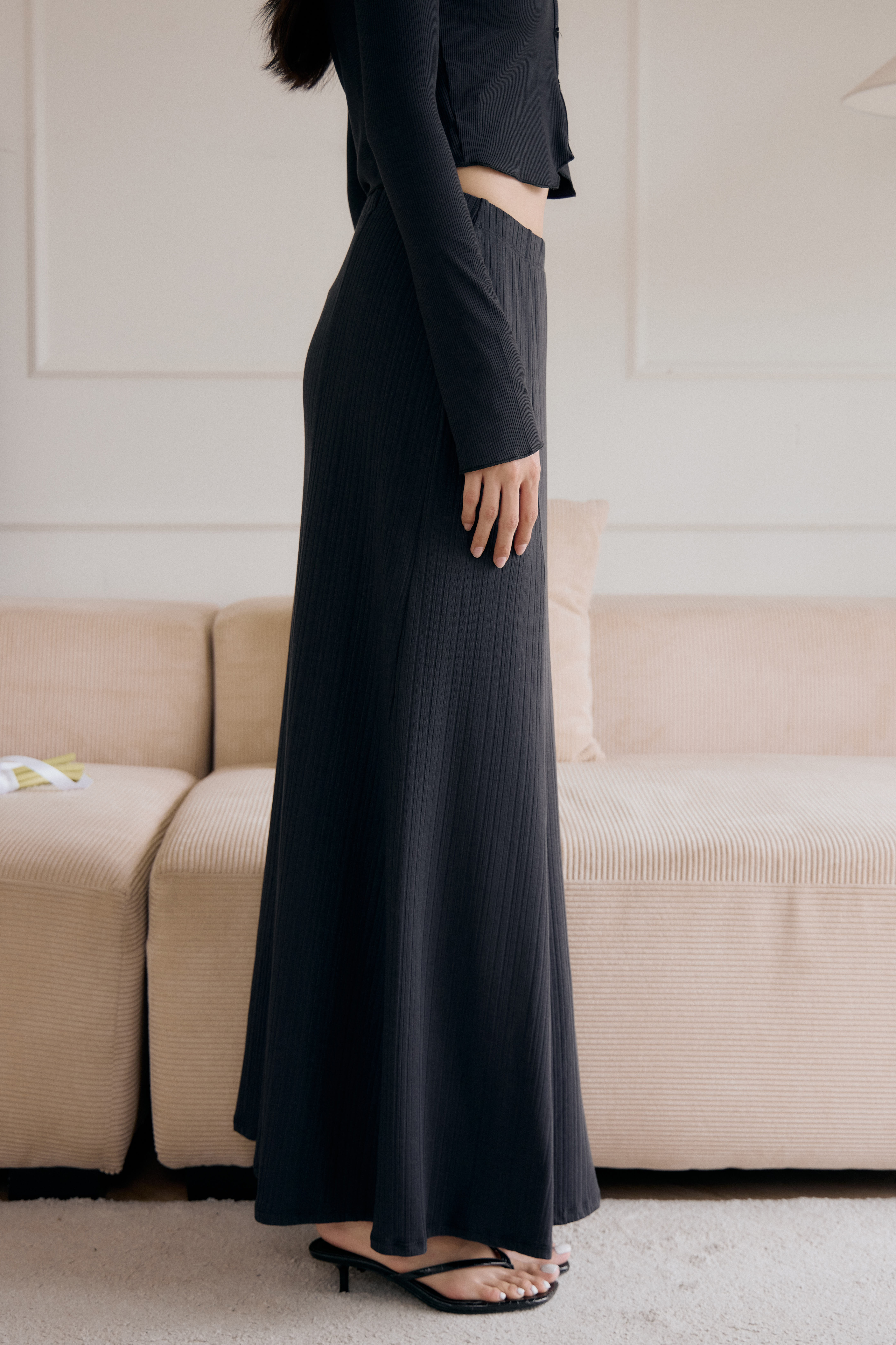法式傘擺針織長裙- 麻花黑