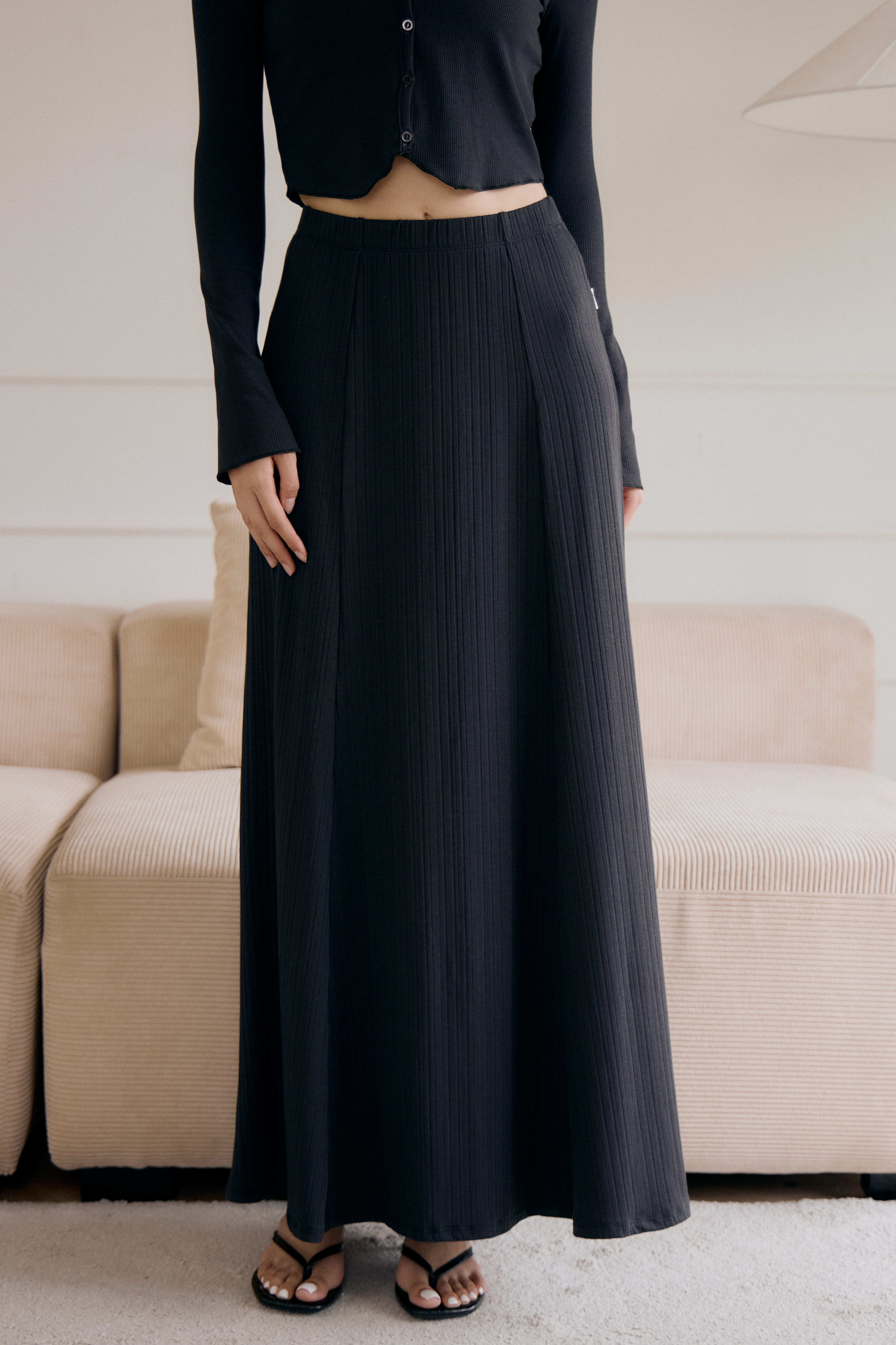 法式傘擺針織長裙- 麻花黑