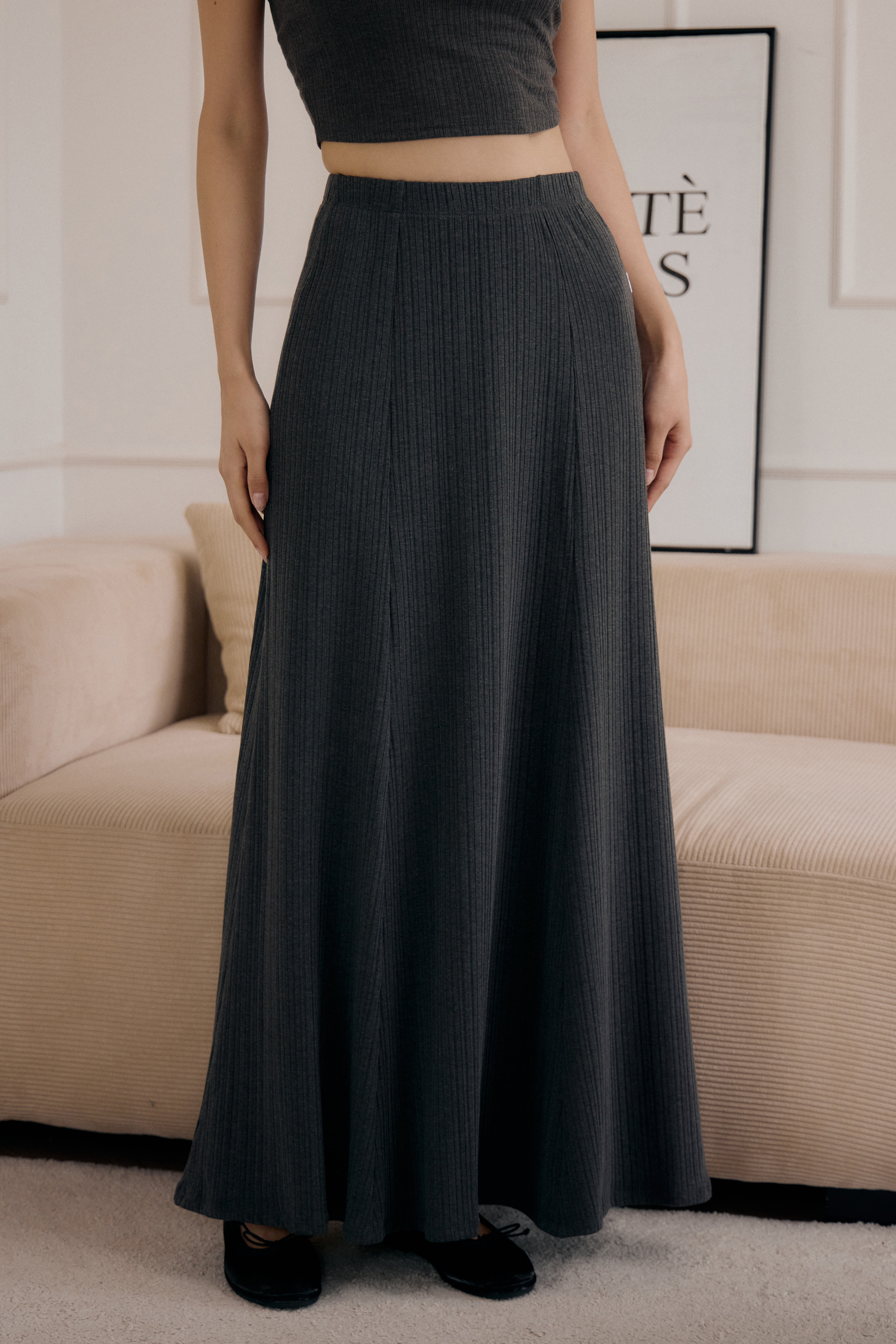 法式傘擺針織長裙- 深灰