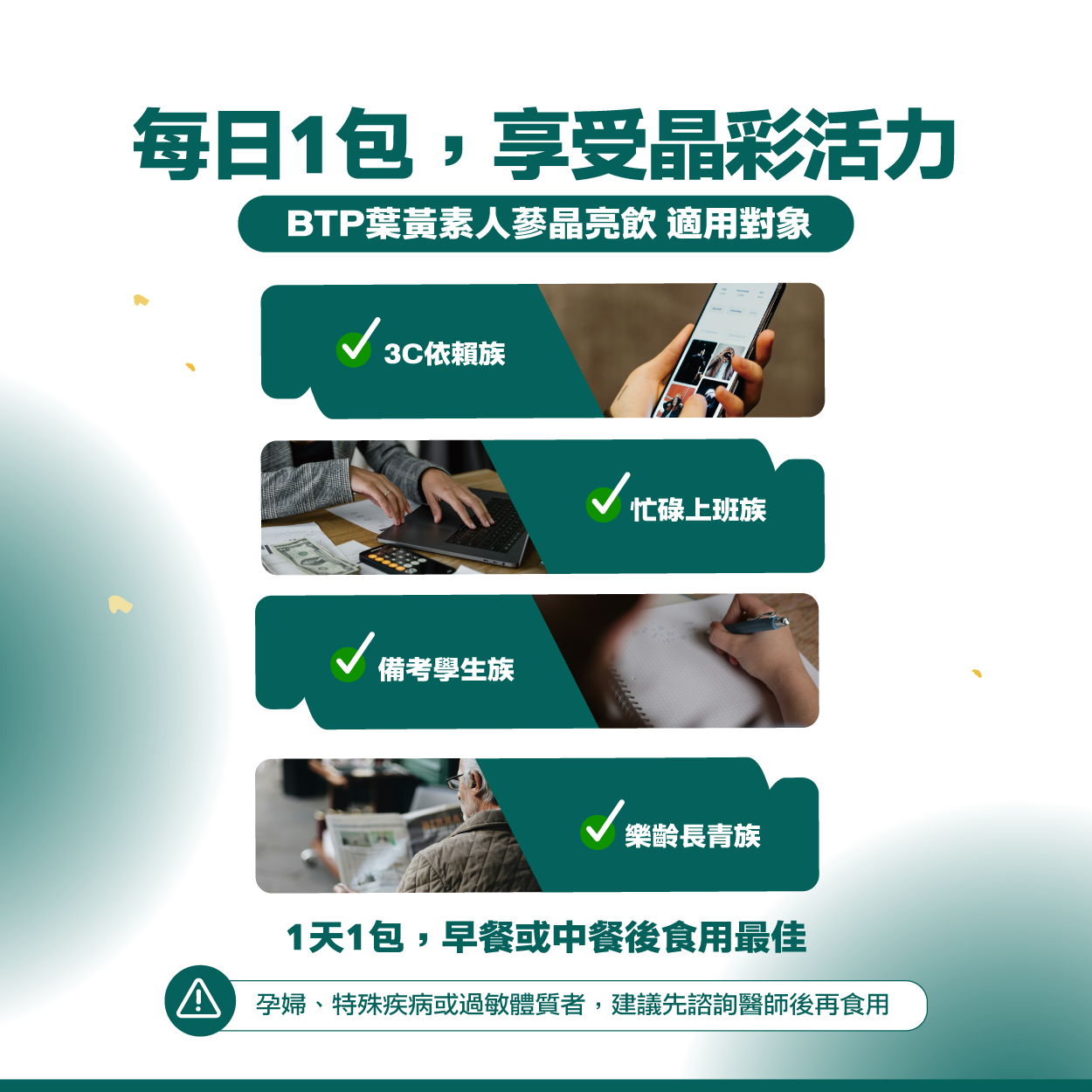 每日1包，享受晶彩活力，適用3C依賴族、忙碌上班族、備考學生族、樂齡長青族，1天1包，早餐或中餐後食用最佳