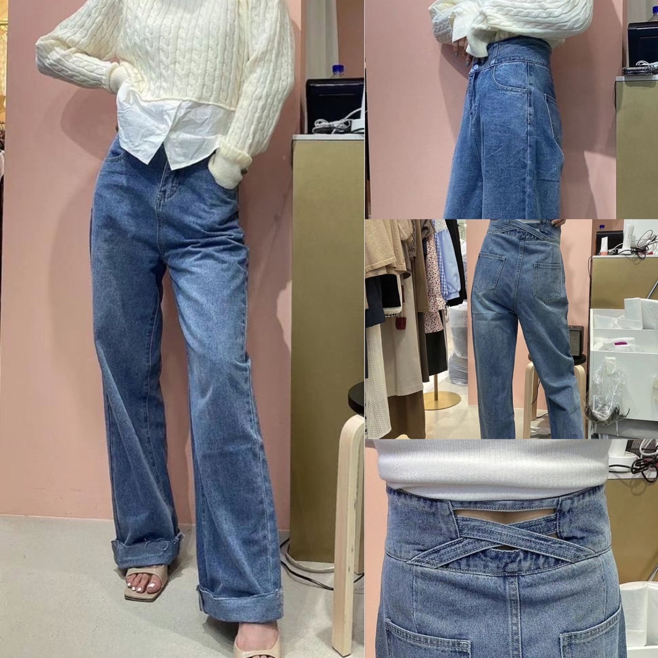 『M號建議L號可帶』雙釦寬褲頭後腰交叉簍空牛仔長褲