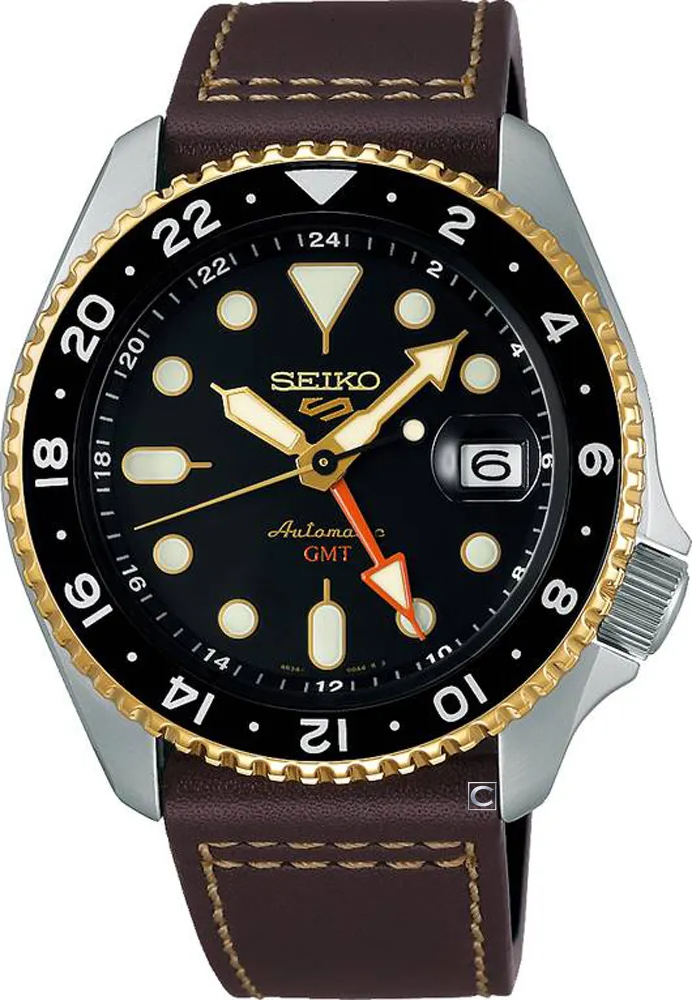 萬年鐘錶 - SEIKO  5 Sports    復刻GMT雙時區指針機械水鬼皮革款男錶  SSK036K1 / 4R34-00A0J  錶徑42.5MM