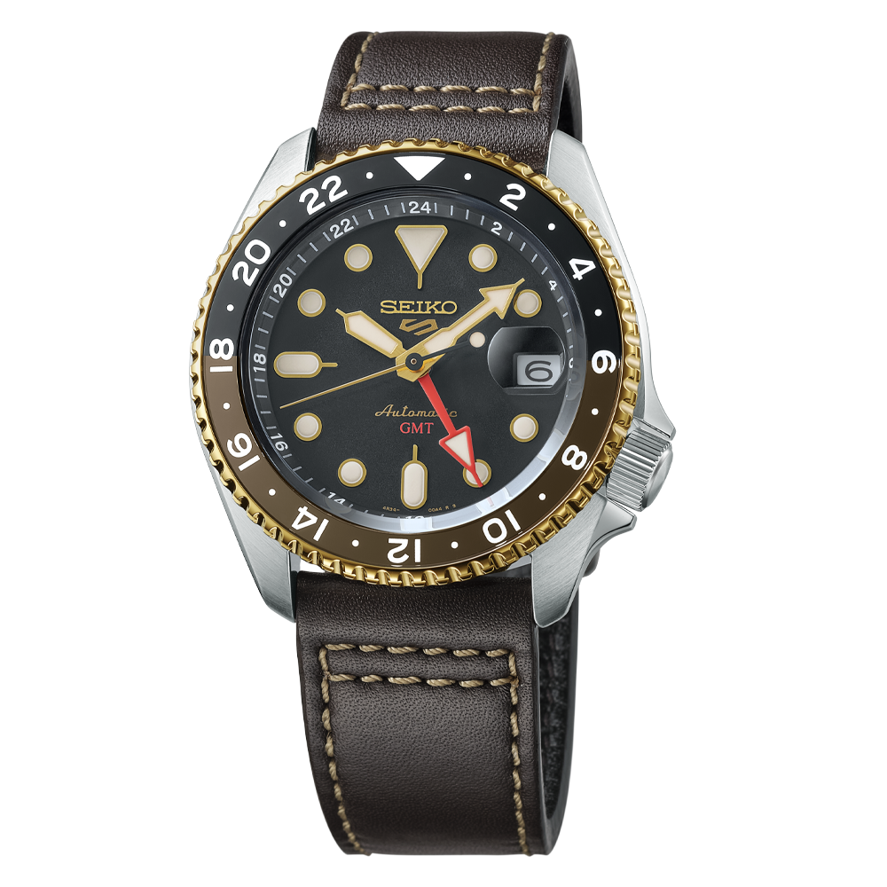 萬年鐘錶 - SEIKO  5 Sports    復刻GMT雙時區指針機械水鬼皮革款男錶  SSK036K1 / 4R34-00A0J  錶徑42.5MM