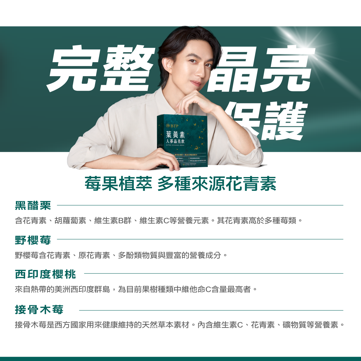 黑醋栗、野櫻莓、西印度櫻桃、接骨木莓，多種來源花青素，完整晶亮保護