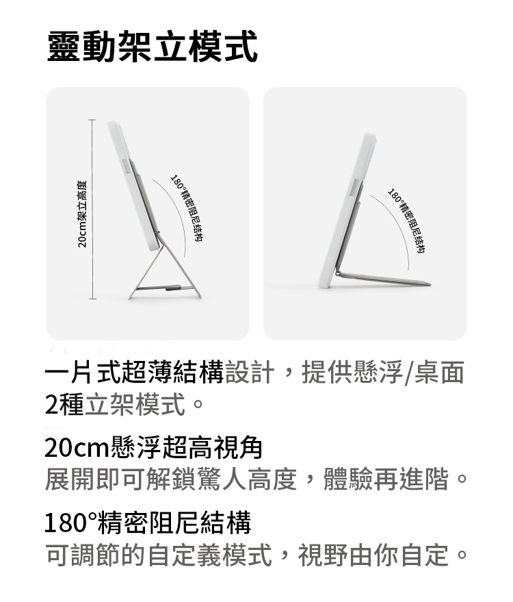 靈動架立模式20cm架立高度180精密阻尼结构180°精密阻尼结构一片式超薄結構設計,提供懸浮/桌面2種立架模式。20cm懸浮超高視角展開即可解鎖驚人高度,體驗再進階。180°精密阻尼結構可調節的自定義模式,視野由你自定。