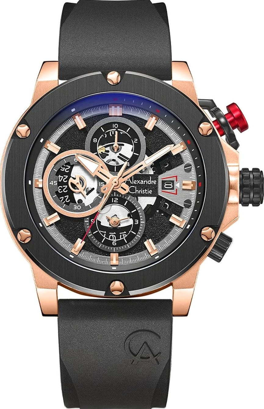 萬年鐘錶 - Alexandre Christie  透視機芯轉盤三眼橡膠錶帶男錶  AC手錶  6491BCRBRBA  錶徑44.5MM