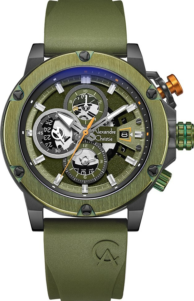 萬年鐘錶 - Alexandre Christie  透視機芯轉盤三眼橡膠錶帶男錶  AC手錶  6491BCRGAGN  錶徑44.5MM