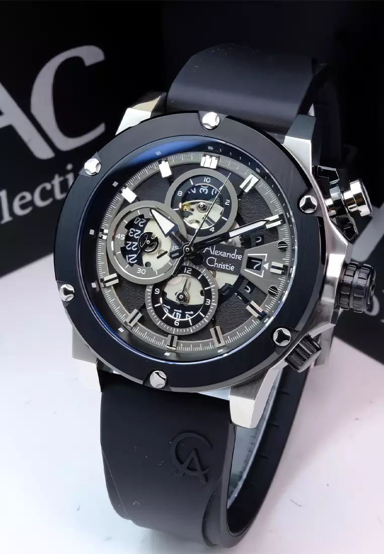 萬年鐘錶 - Alexandre Christie  透視機芯轉盤三眼橡膠錶帶男錶  AC手錶  6491BCRTBBA  錶徑44.5MM