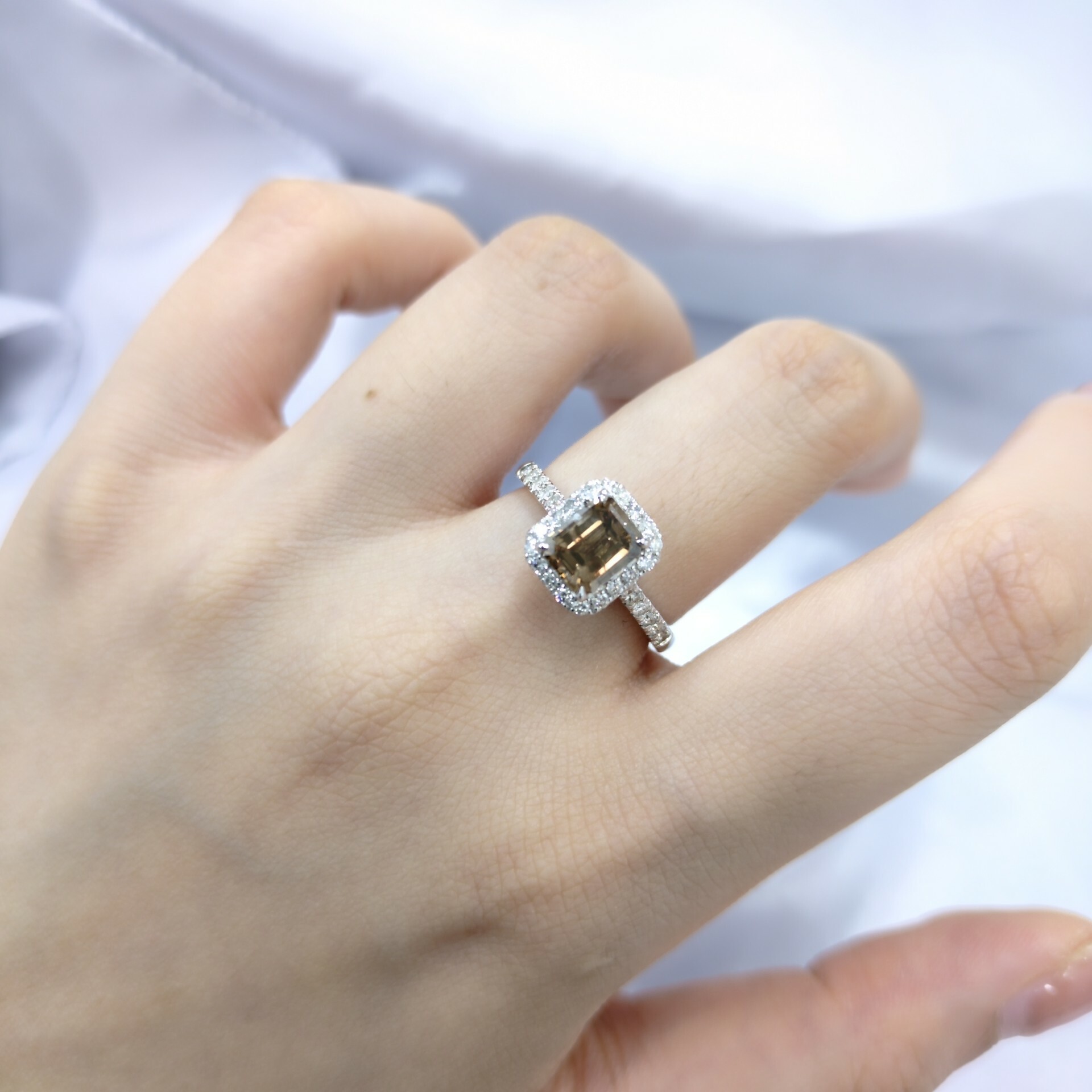 18K White Gold 1.67ct Fancy Brown Emerald Cut Diamond Ring