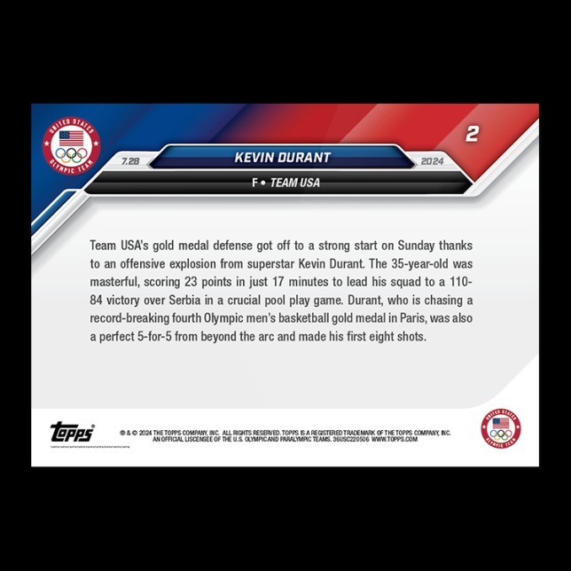 NBA球員卡 Kevin Durant - 2024 Olympic Games TOPPS NOW® Card 2 - PR: 3960
