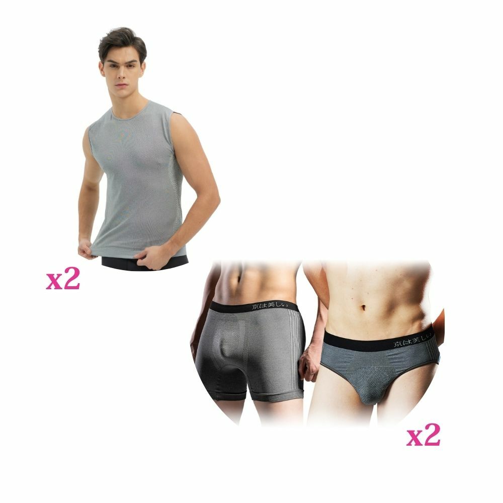 【京美】竹炭銀纖維爽背心2件組+能量銀纖維鍺石火耀褲(三角/平口) 2件組