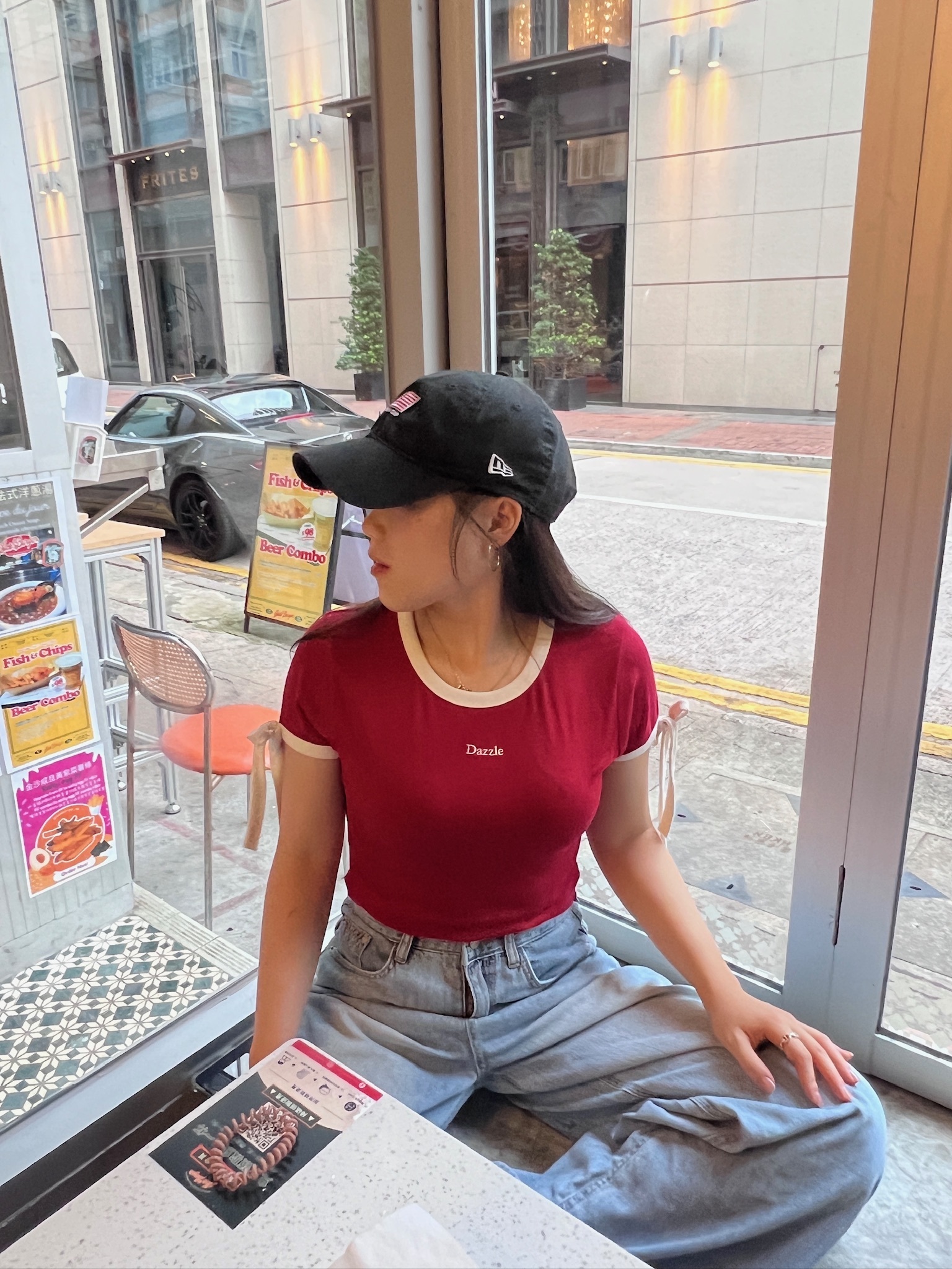 Logo 拼色綁帶圓領Top < Red/ White>