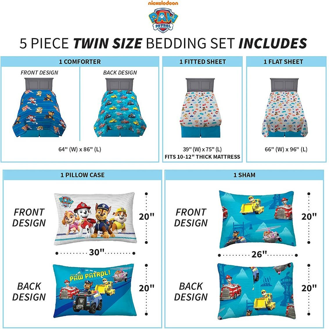 美國 Paw Patrol Boy 5 件裝床上套裝 (單人床)