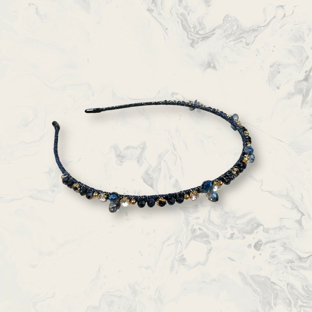 韓國直送髮飾 排列金珠珠+漸層雙珠珠+金爪鋯+雙水滴珠+金鋯金蔥線細手工髮箍