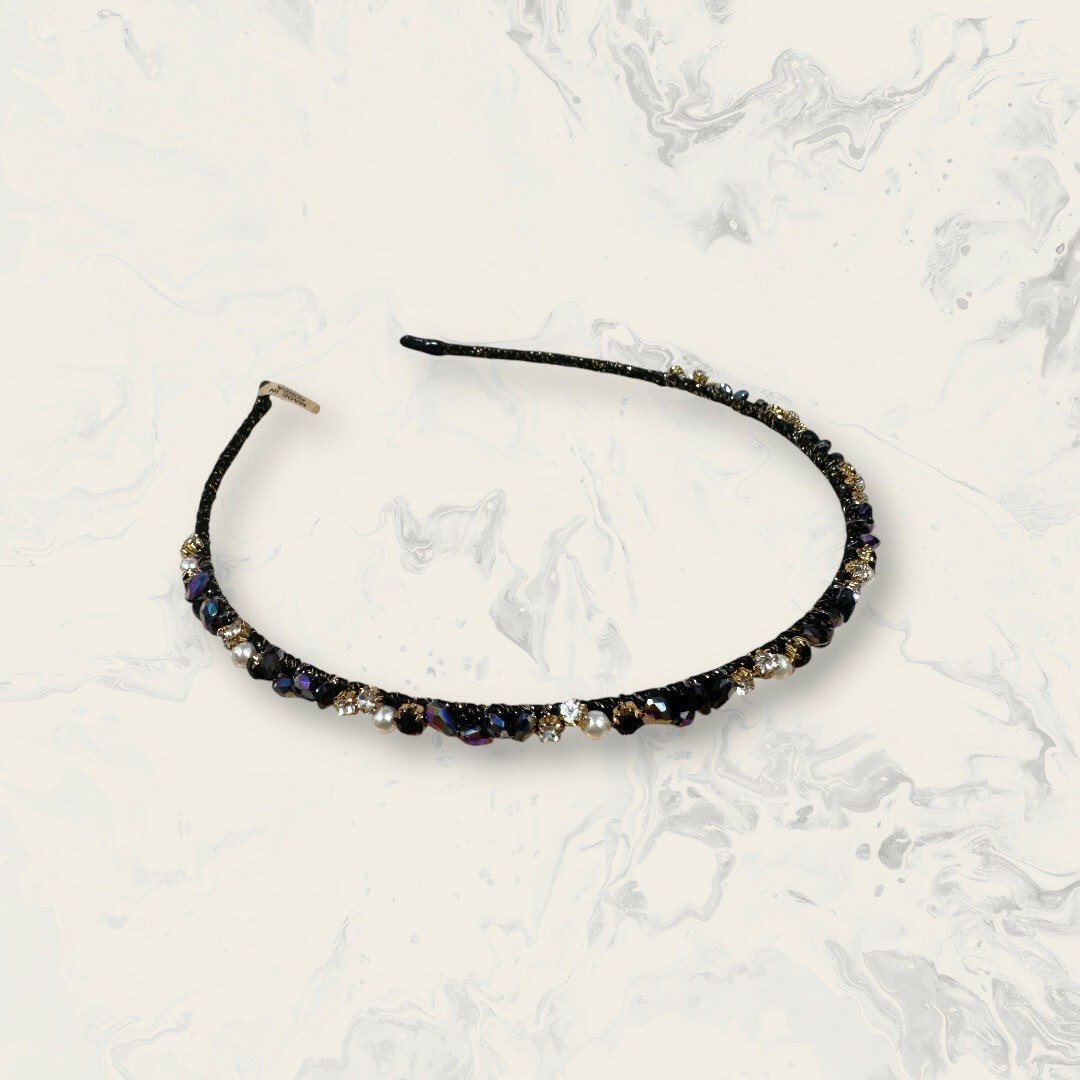 韓國直送髮飾 排列珍珠+金爪鋯+炫彩水滴珠+黑鋯金蔥線細手工髮箍