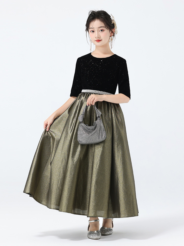 黑金大氣中袖鋼琴表演裙