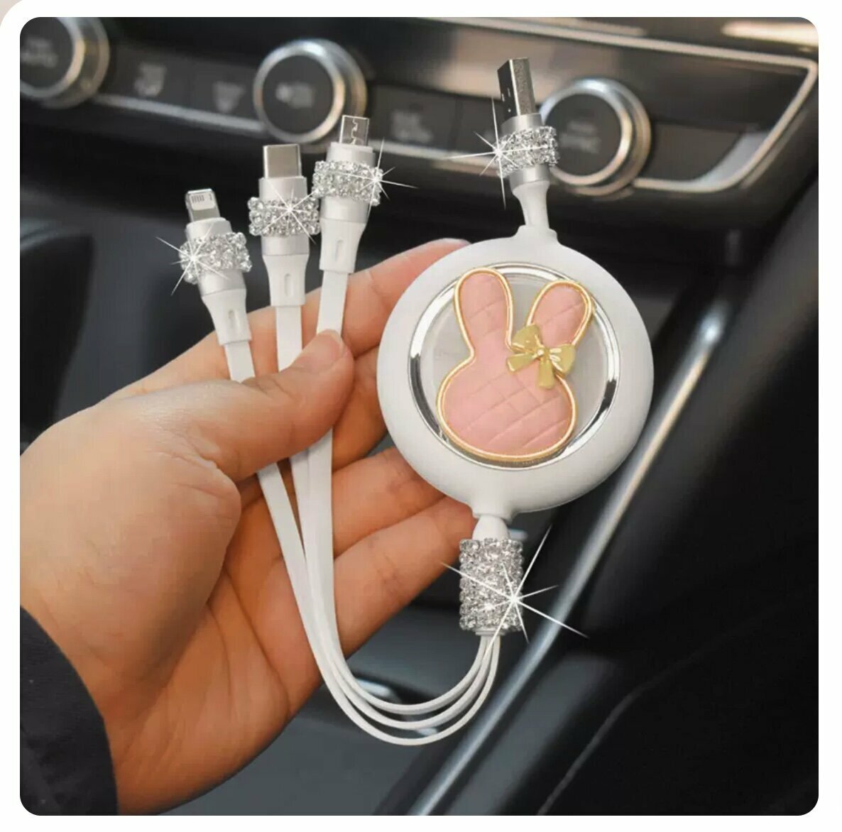 熱推一拖三車載多功能充電線(粉兔頭)