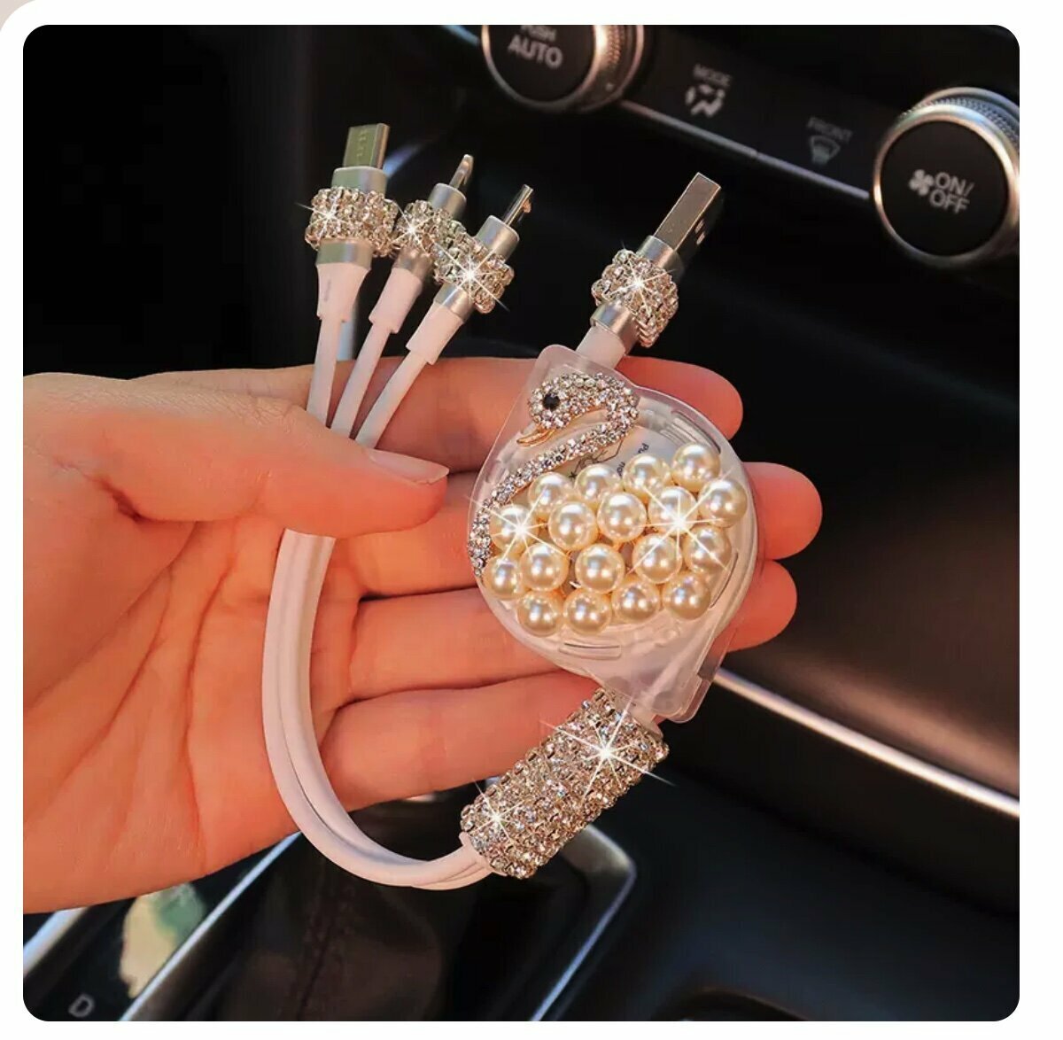 熱推汽車鑲鑽三合一伸縮數據線(珍珠天鵝)