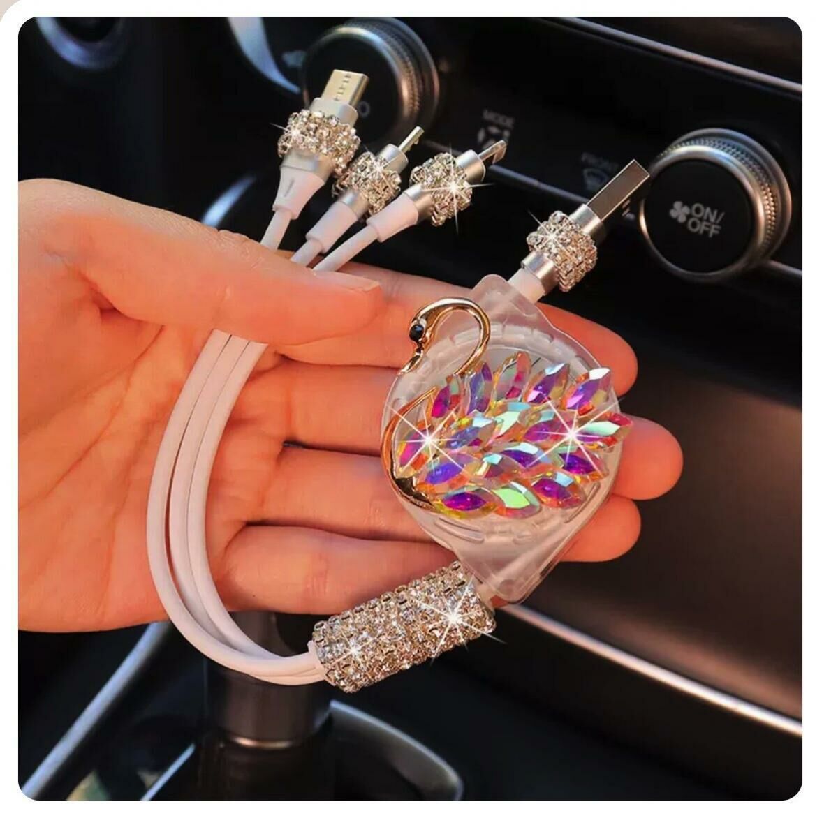 熱推汽車鑲鑽三合一伸縮數據線(炫彩天鵝)