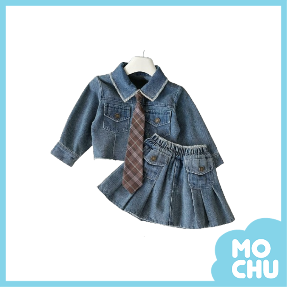 學院風百摺裙牛仔套裝