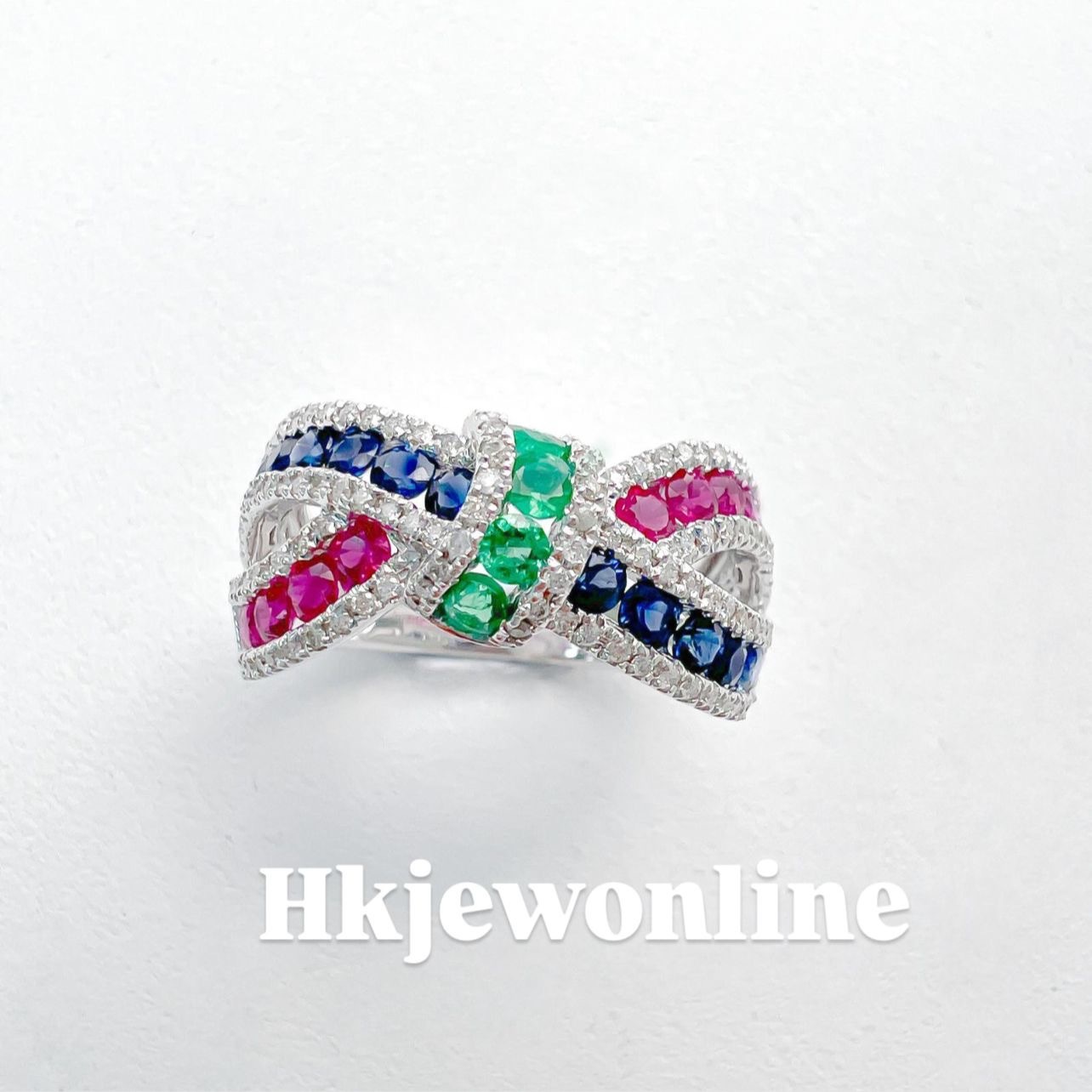 18K White Gold Ruby Sapphire Emerald Diamond Ring