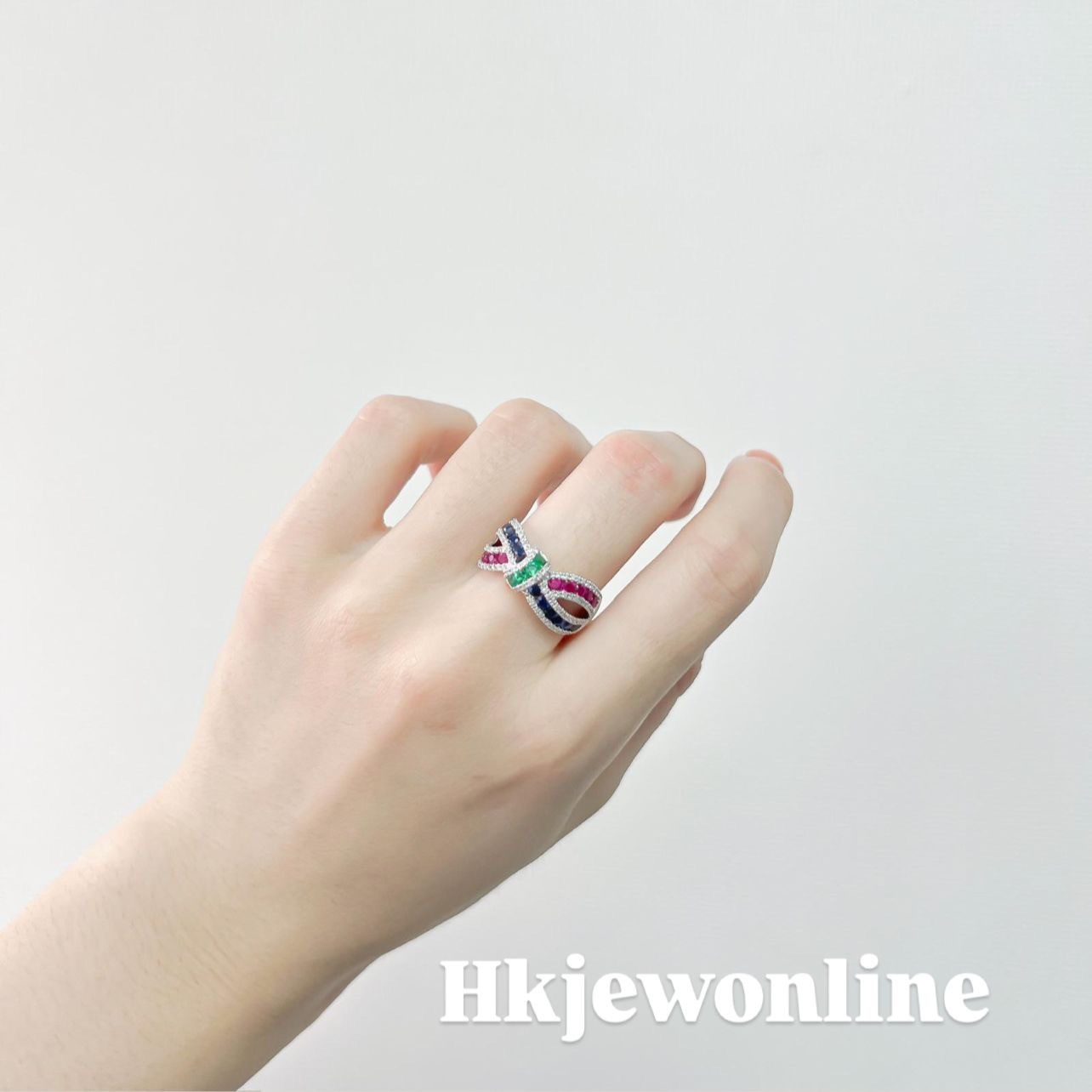 18K White Gold Ruby Sapphire Emerald Diamond Ring