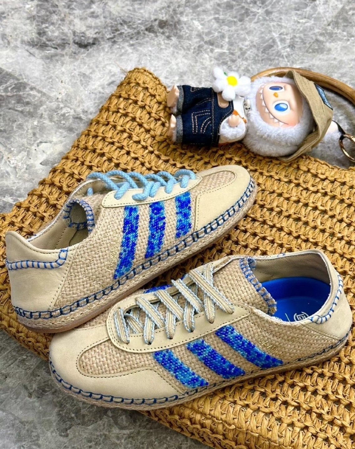 CLOT x Adidas Originals Gazelle "Blue Bird" 亞麻卡其 藍串珠 編織 草鞋