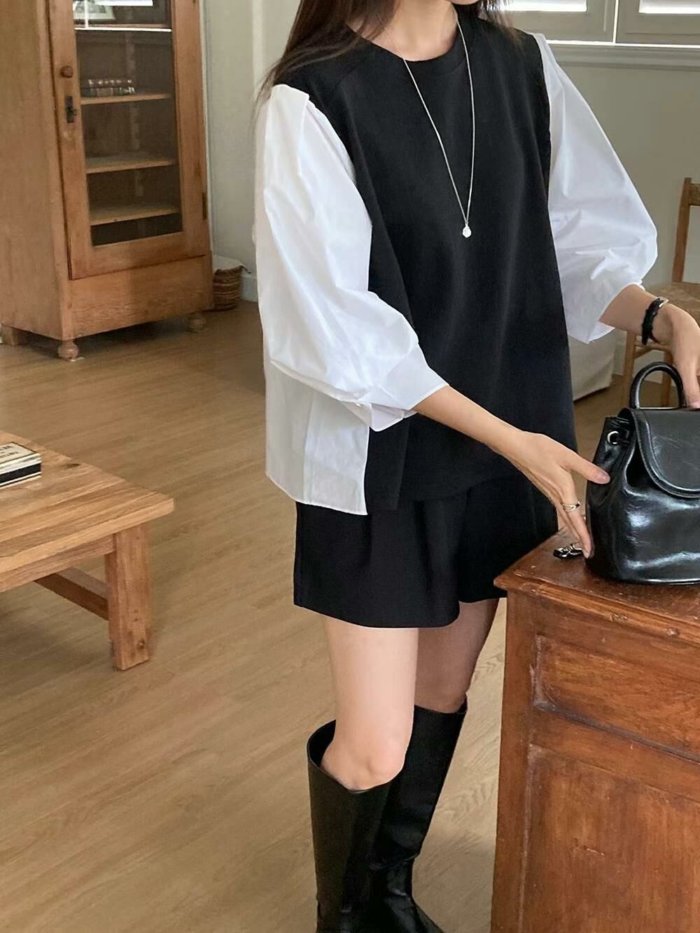 TOP#14439🤎棉之泡泡袖上衣