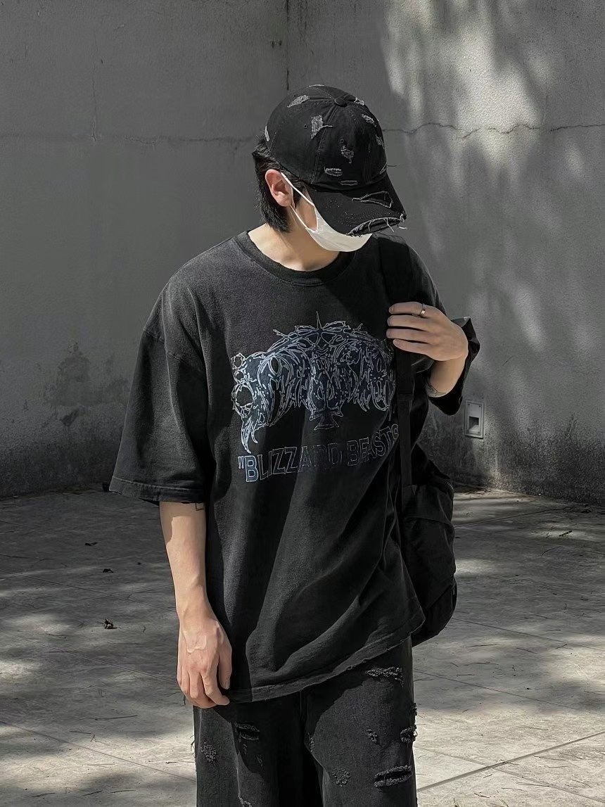 【HERETICS STUDIO 】韓國 고품질 BLIZZARD BEASTS 圖騰 水洗 做舊 寬鬆 短袖